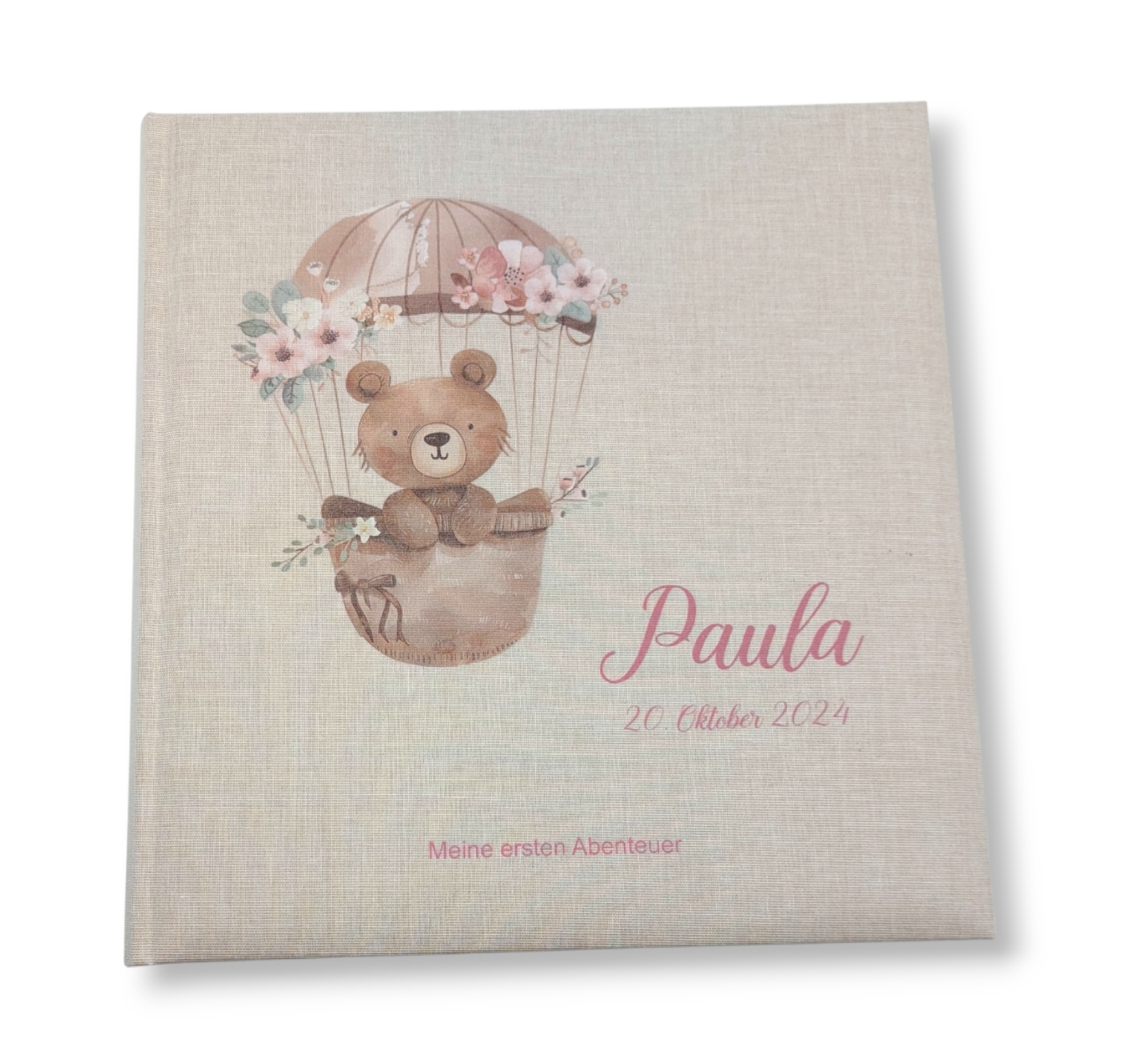 Fotoalbum personalisiert Baby, Kind "Bär Heißluftballon" Leinen, Erinnerungsalbum