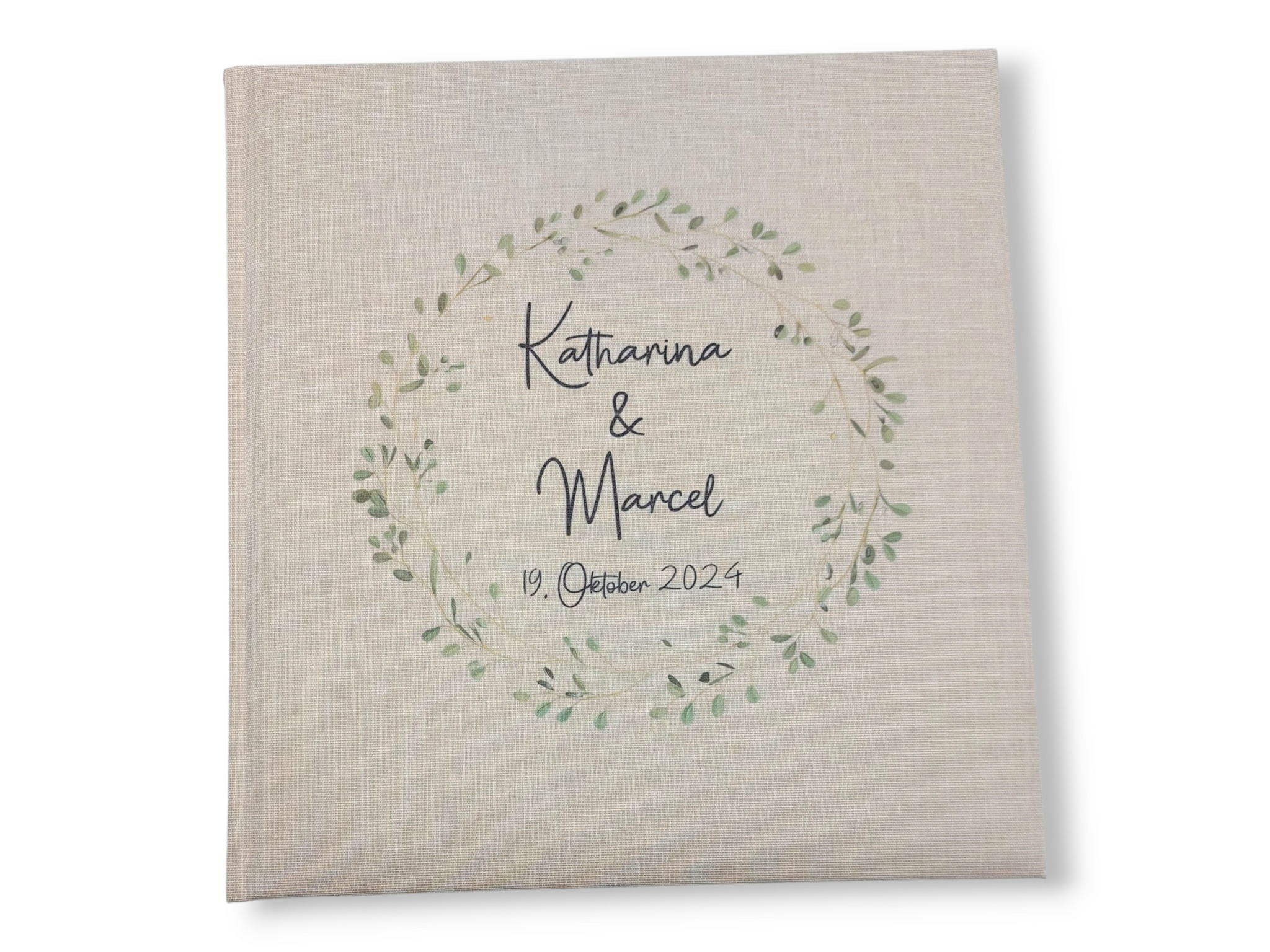 Fotoalbum personalisiert Hochzeit "Blätterkranz" Leinen, Erinnerungsalbum