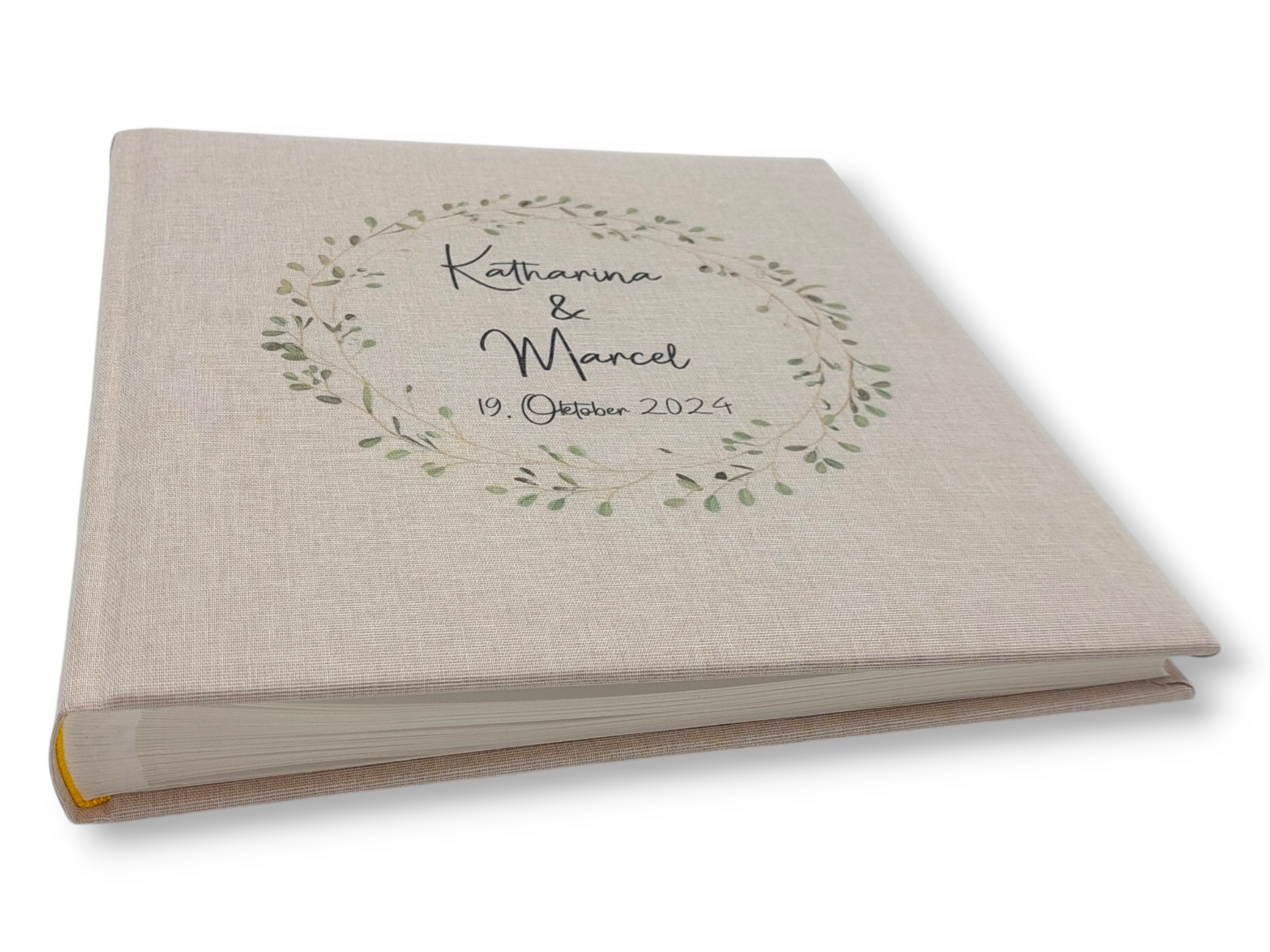 Fotoalbum personalisiert Hochzeit "Blätterkranz" Leinen, Erinnerungsalbum