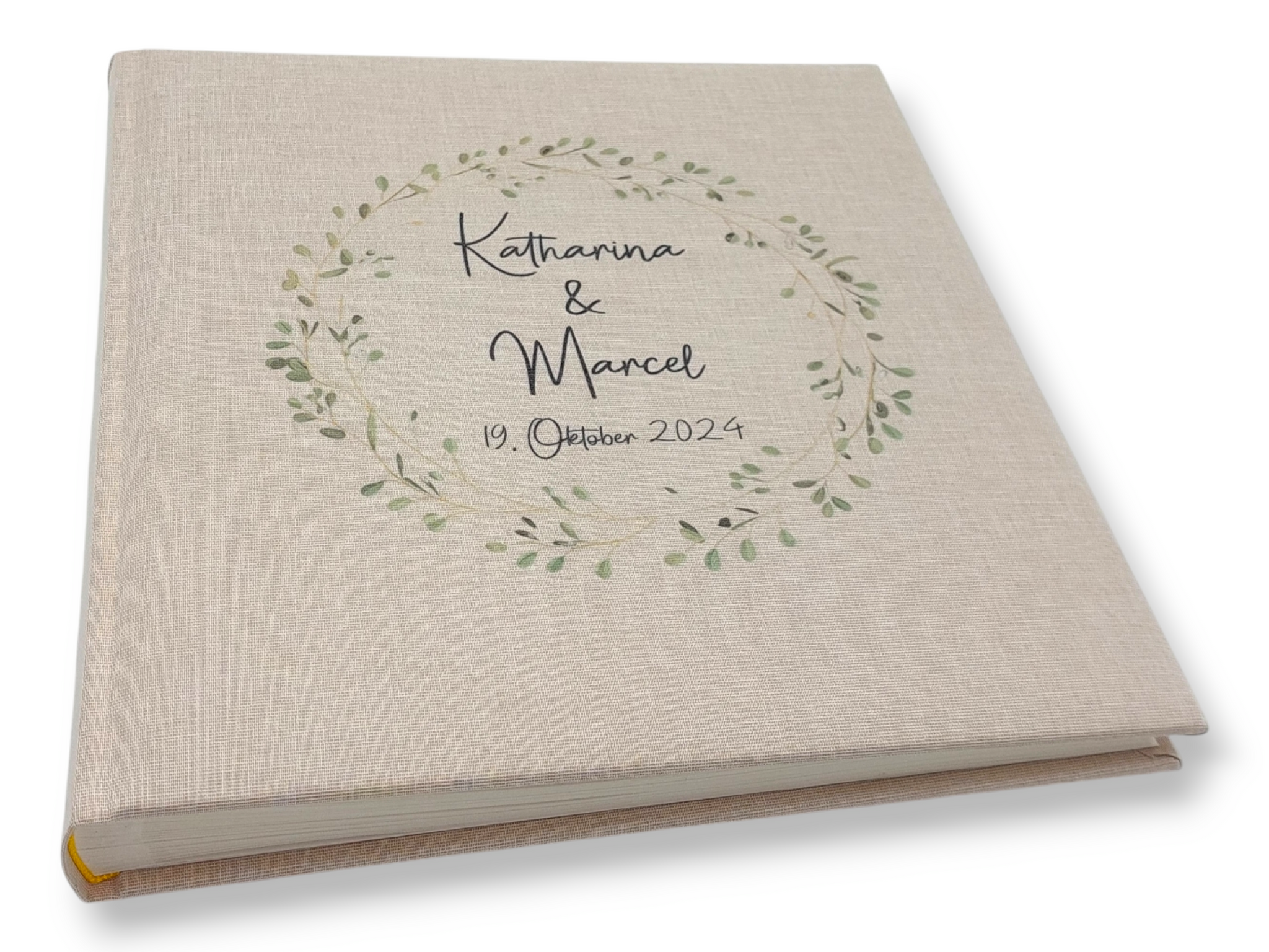 Fotoalbum personalisiert Hochzeit "Blätterkranz" Leinen, Erinnerungsalbum