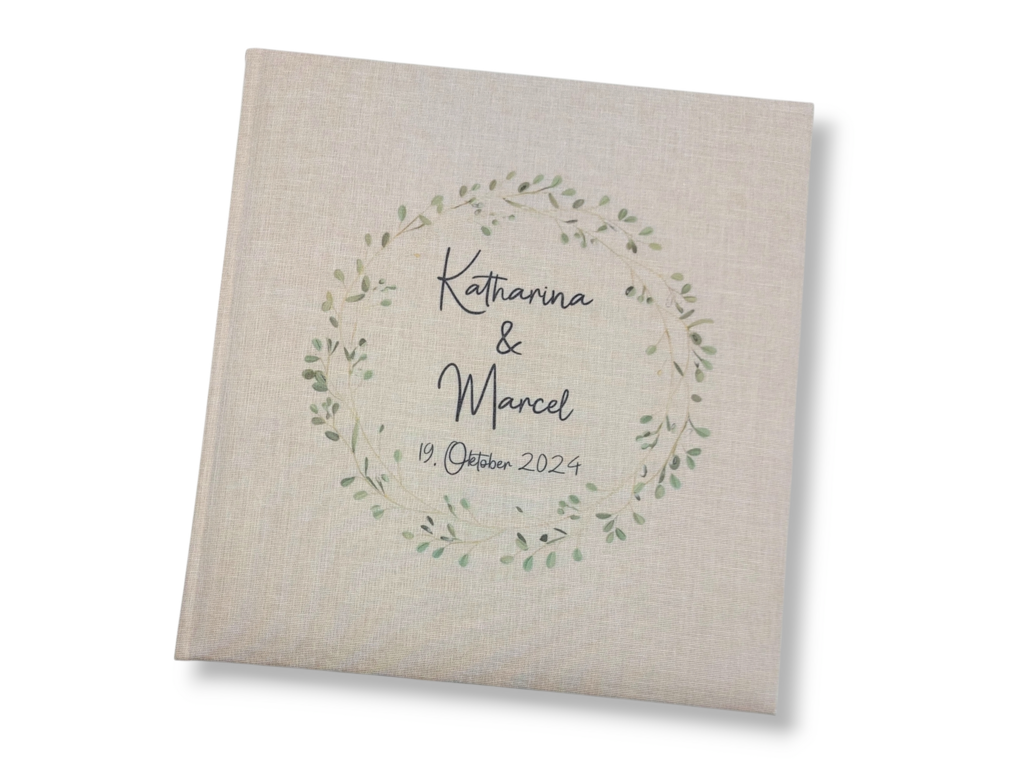 Fotoalbum personalisiert Hochzeit "Blätterkranz" Leinen, Erinnerungsalbum