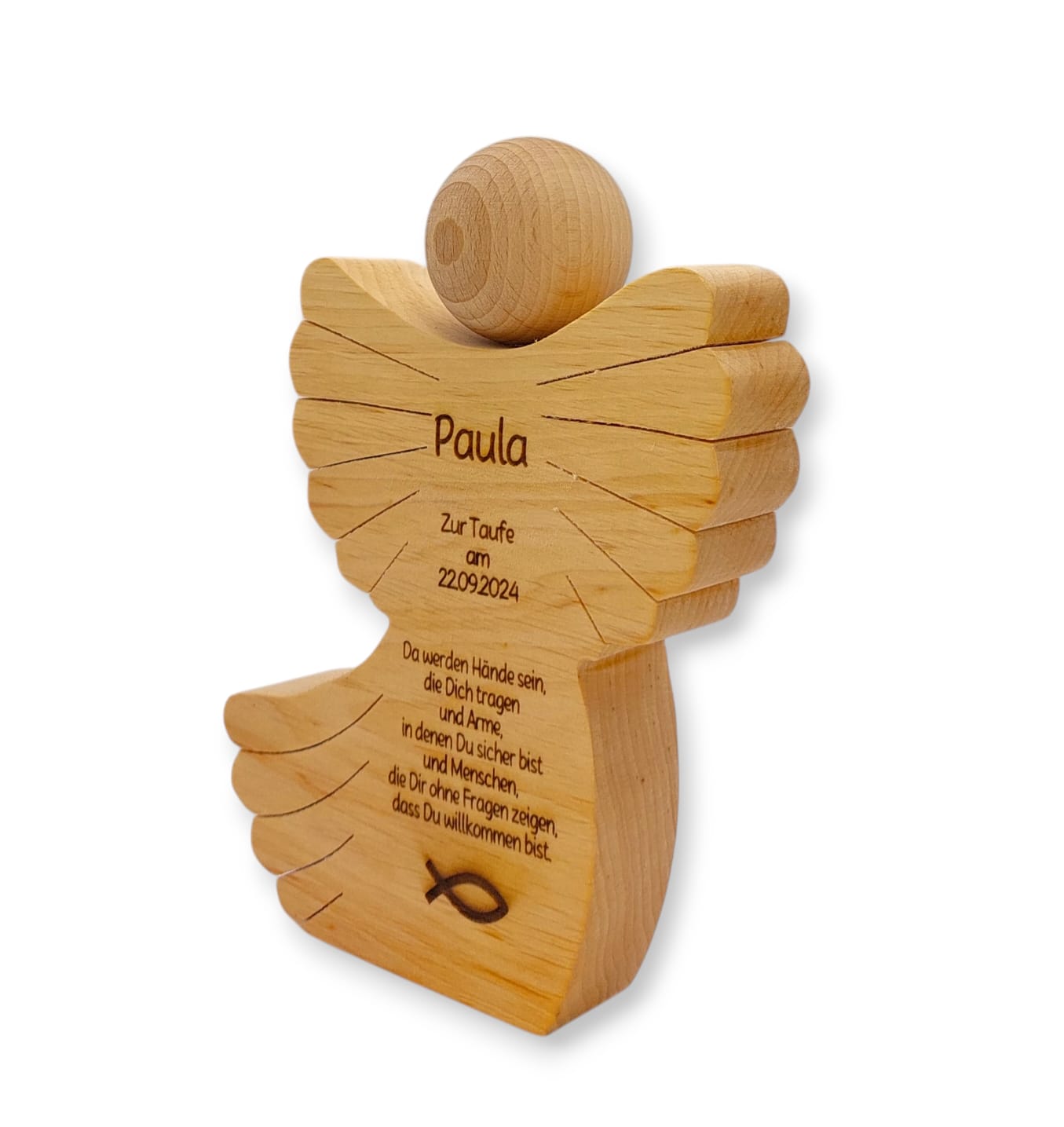 Engel aus Holz mit Gravur