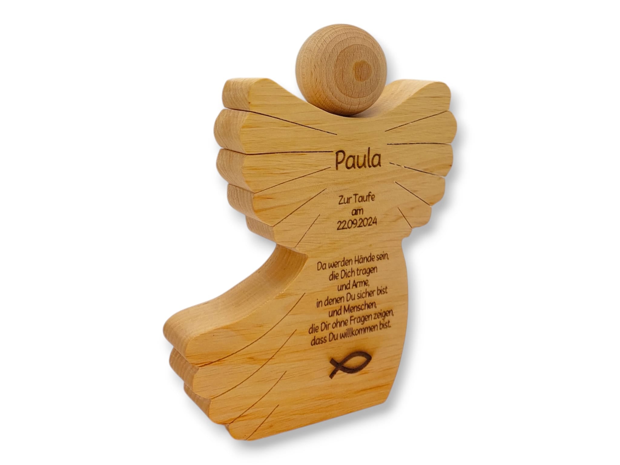 Engel aus Holz mit Gravur