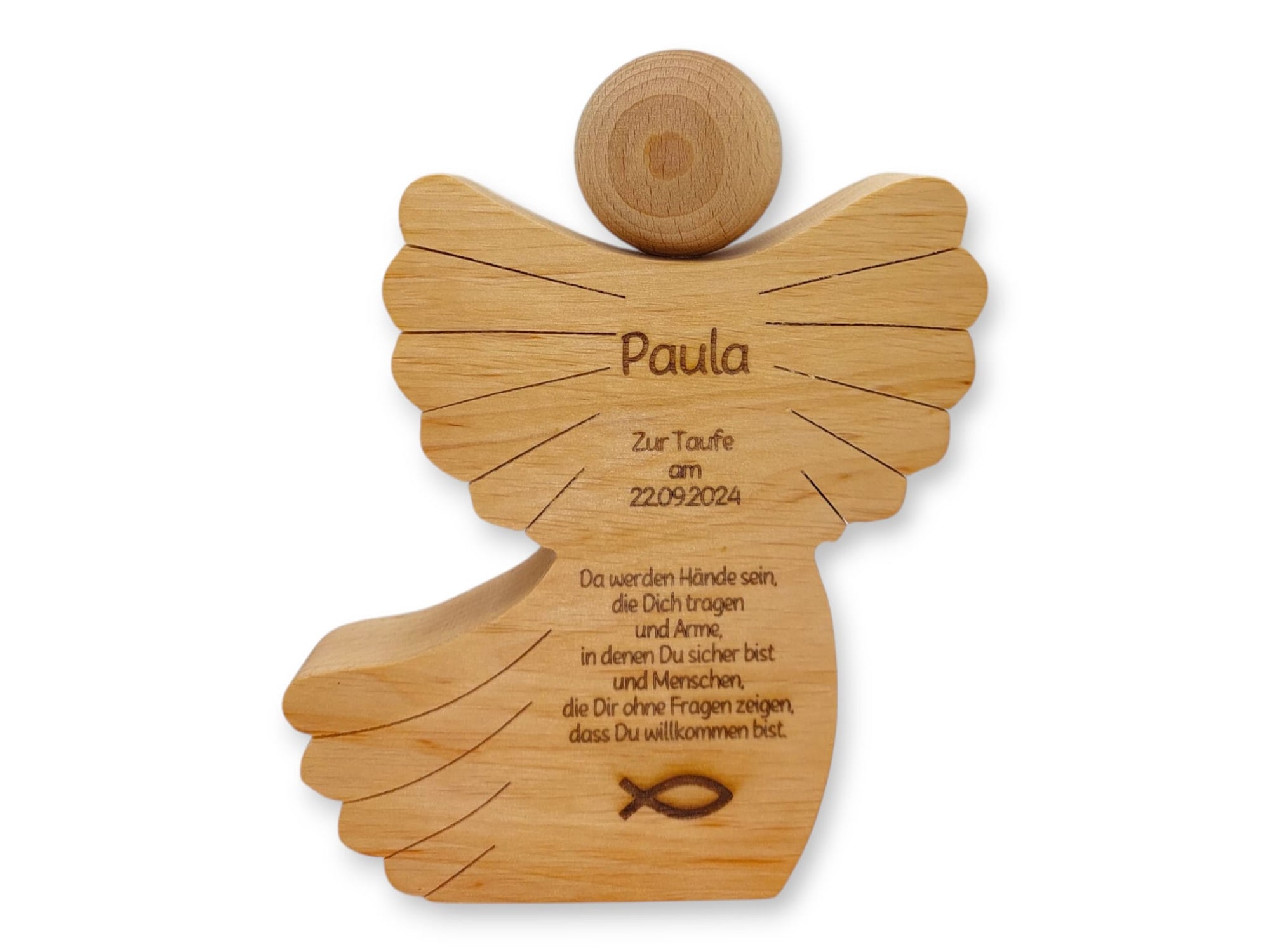 Engel aus Holz mit Gravur
