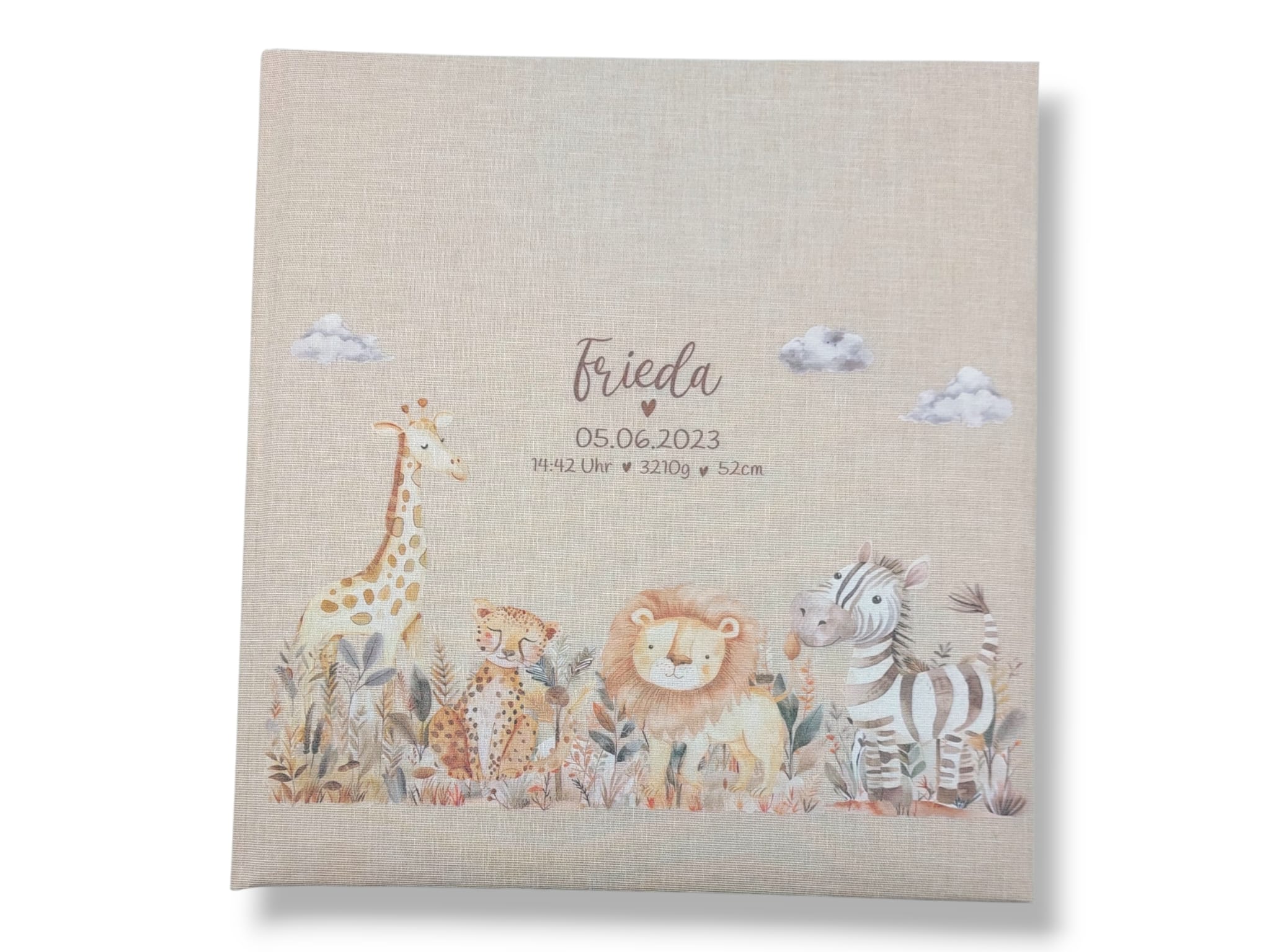 Fotoalbum personalisiert Baby, Kind "Safari Tiere" Leinen