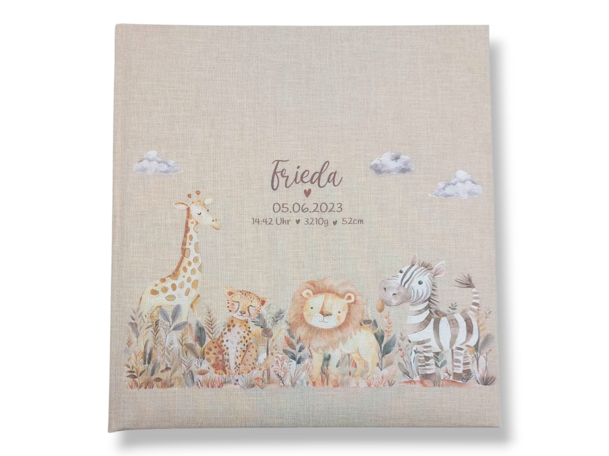Fotoalbum personalisiert Baby, Kind "Safari Tiere" Leinen