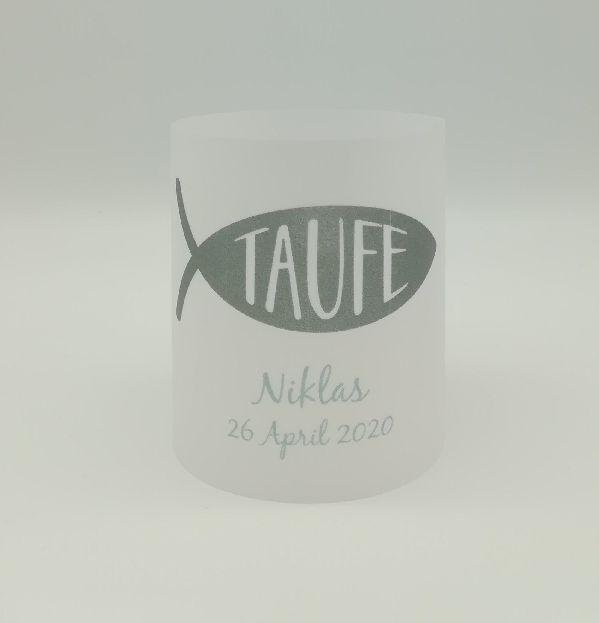 Set 2x Lichthülle, Windlicht zur Taufe "Fisch" / personalisiert mit Name und Datum / Spruch