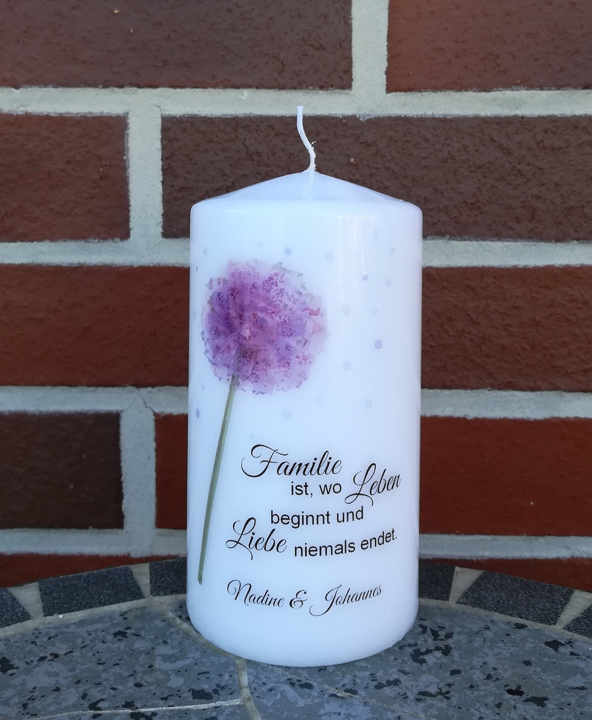 Familienkerze/ Hochzeitskerze personalisiert mit Namen und Spruch "Pusteblume" / Hochzeit/ Familie/