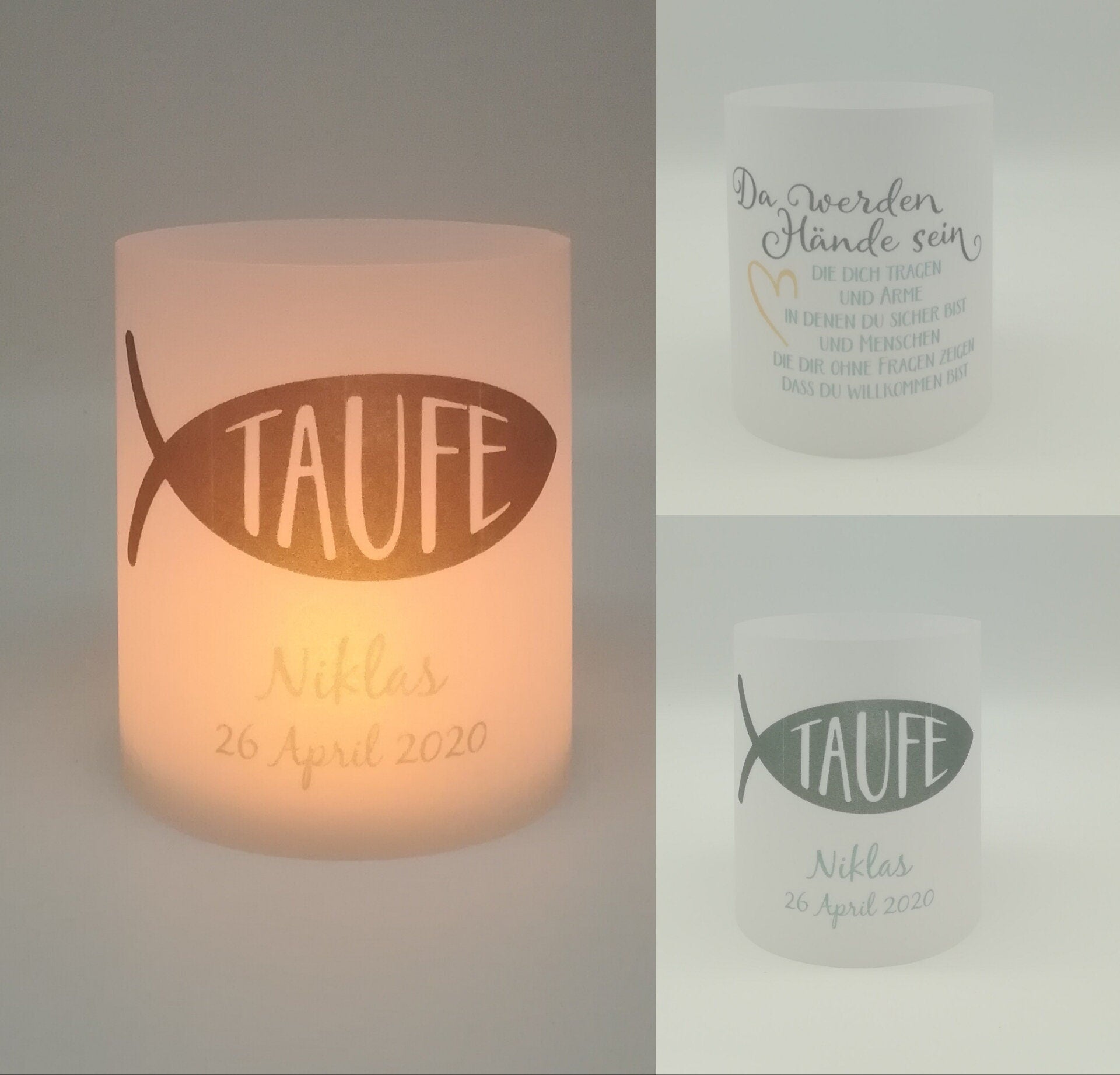 Set 2x Lichthülle, Windlicht zur Taufe "Fisch" / personalisiert mit Name und Datum / Spruch
