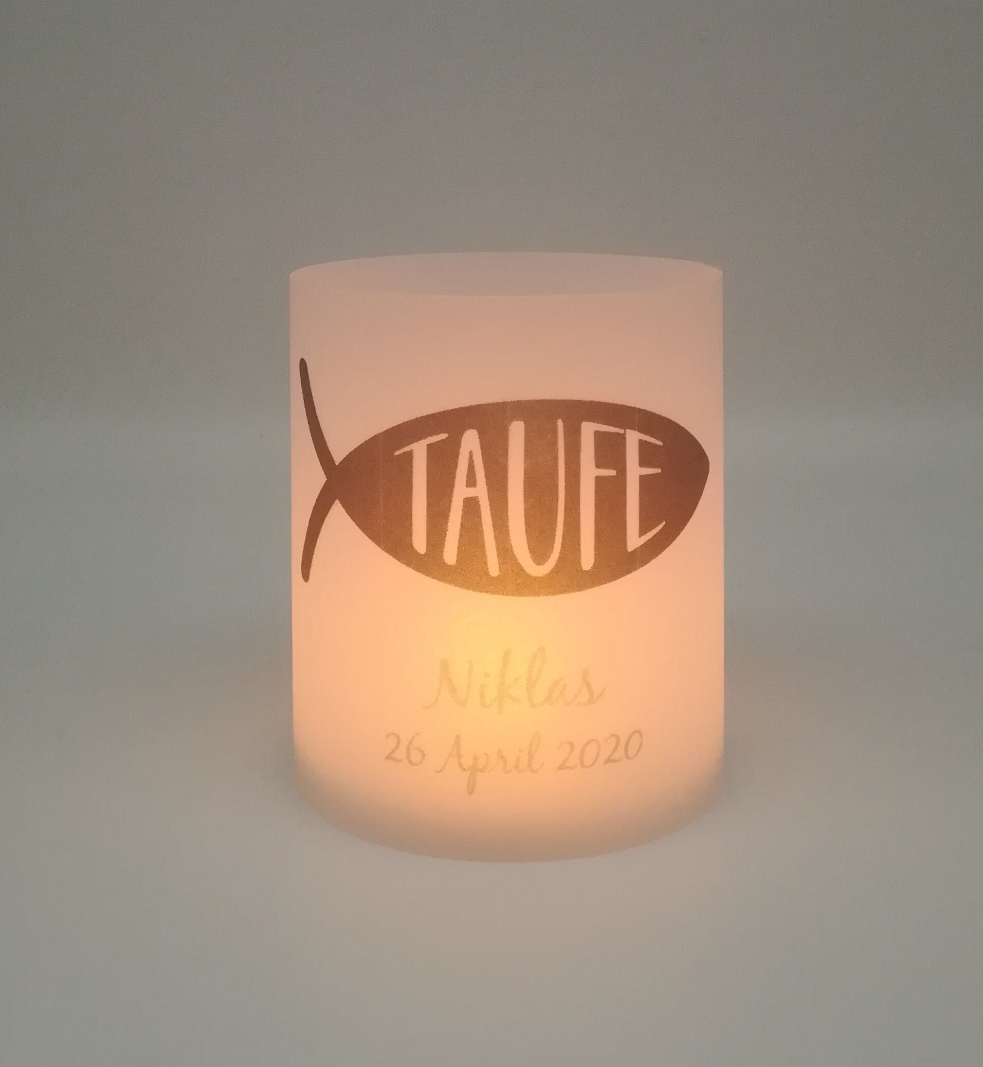 Set 2x Lichthülle, Windlicht zur Taufe "Fisch" / personalisiert mit Name und Datum / Spruch