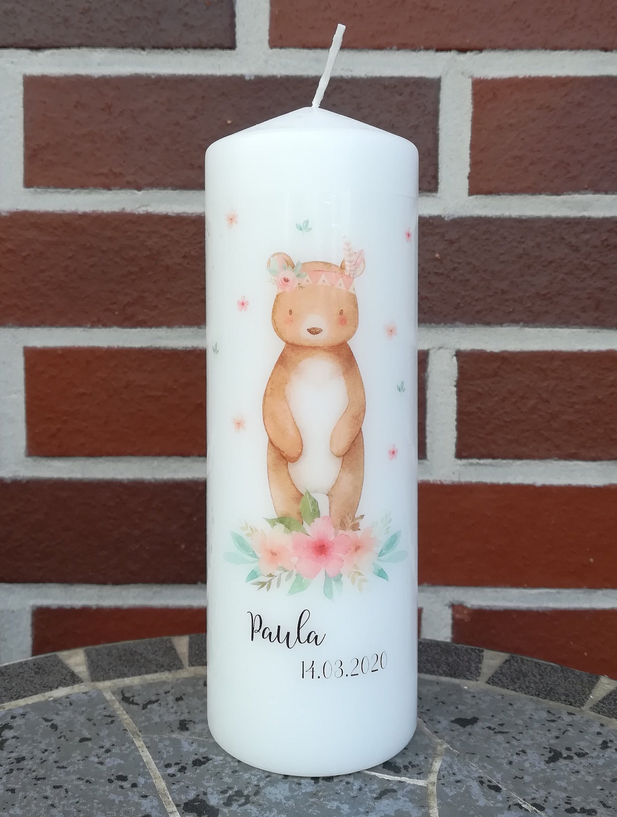 Geburtstagskerze/ Geburtskerze personalisiert "Boho Bär" / Geburt/ Taufe/ Geburtstag