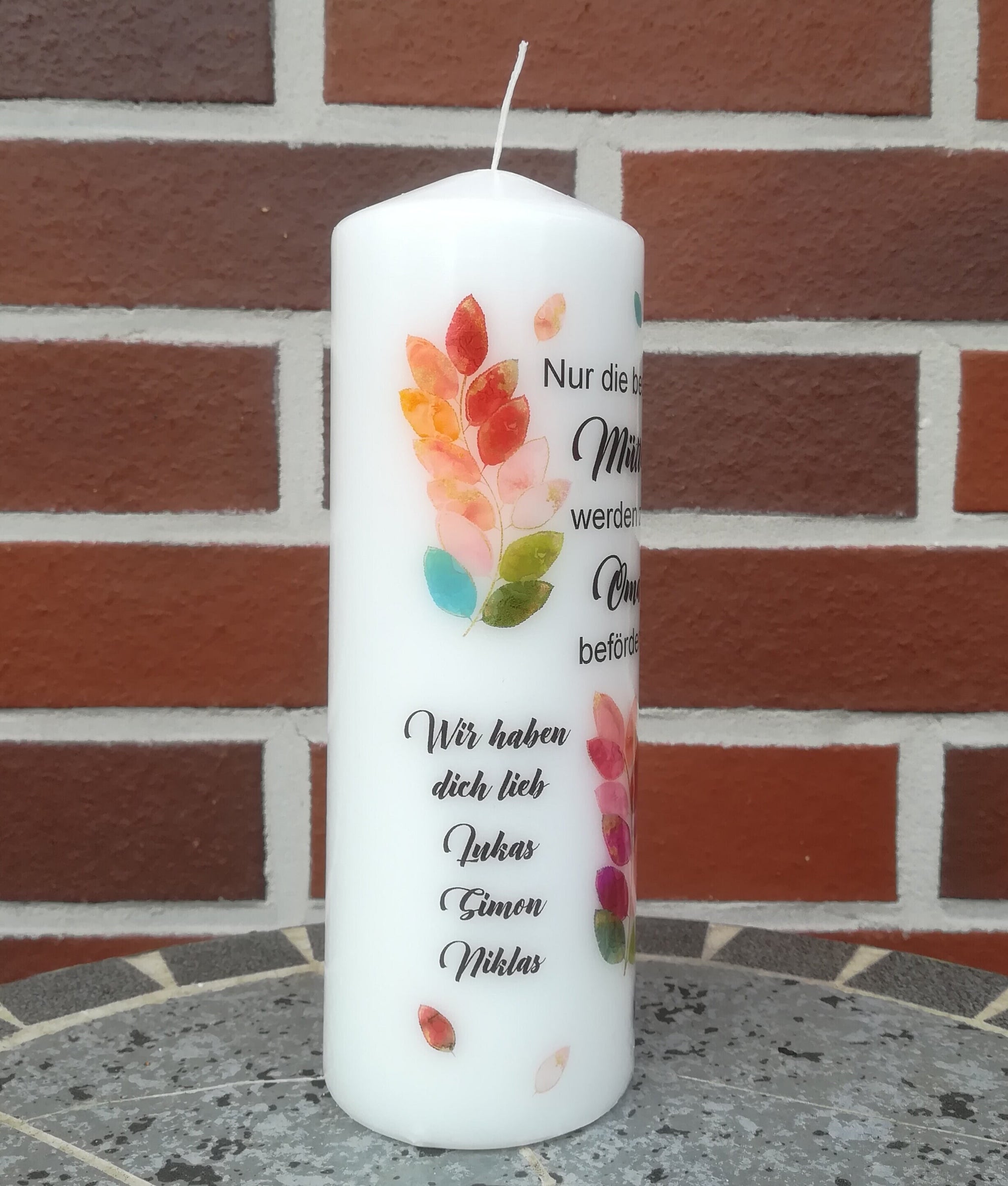 Kerze personalisiert mit Namen zum Muttertag "Blätterranke" Geschenk Mutter, Mama, Oma
