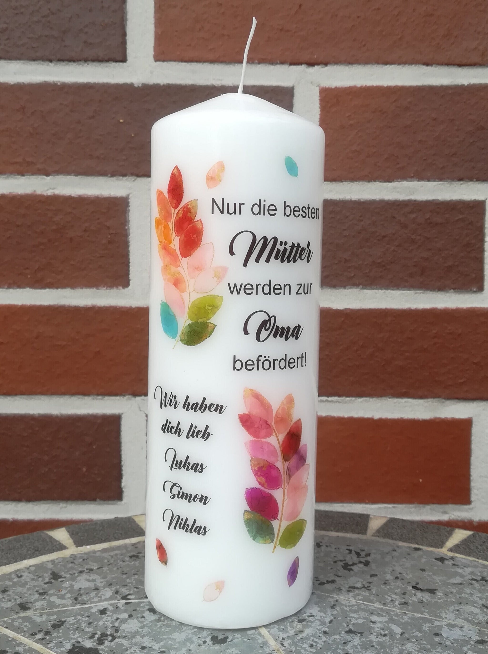 Kerze personalisiert mit Namen zum Muttertag "Blätterranke" Geschenk Mutter, Mama, Oma