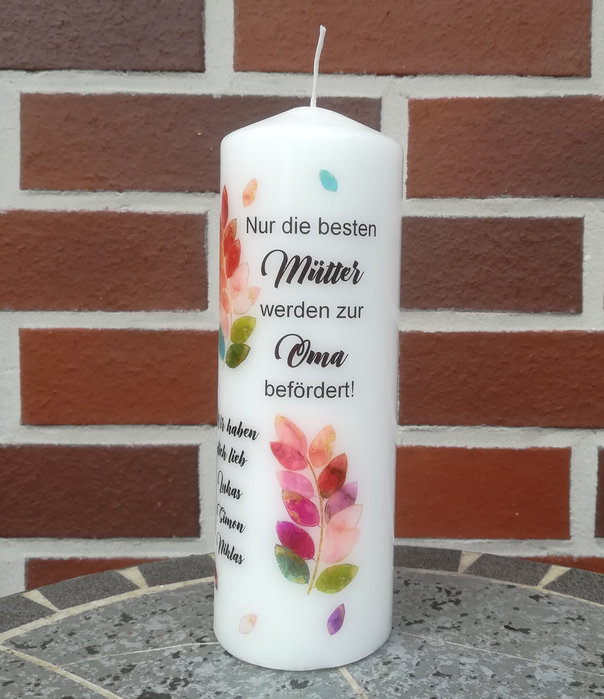 Kerze personalisiert mit Namen zum Muttertag "Blätterranke" Geschenk Mutter, Mama, Oma