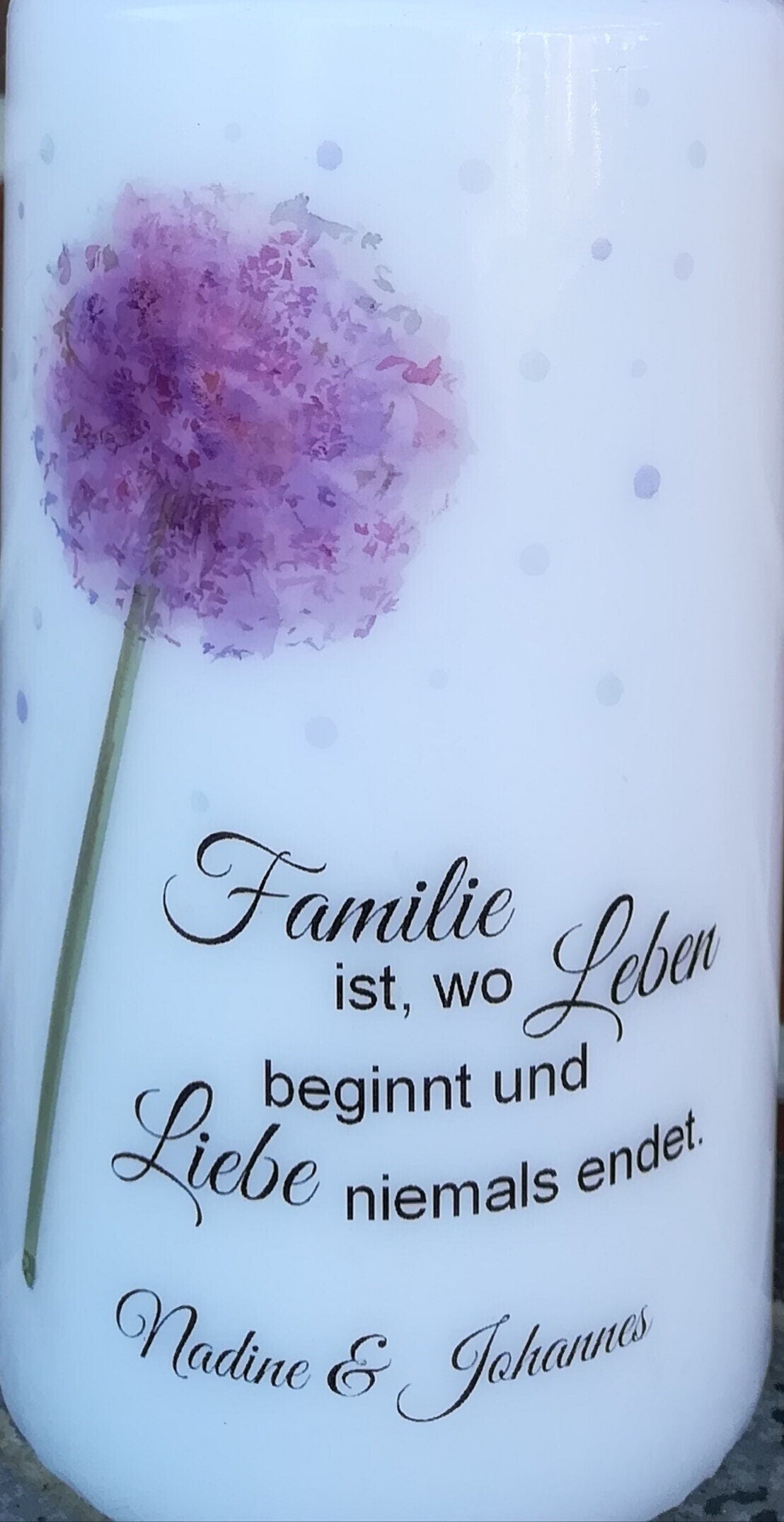 Familienkerze/ Hochzeitskerze personalisiert mit Namen und Spruch "Pusteblume" / Hochzeit/ Familie/