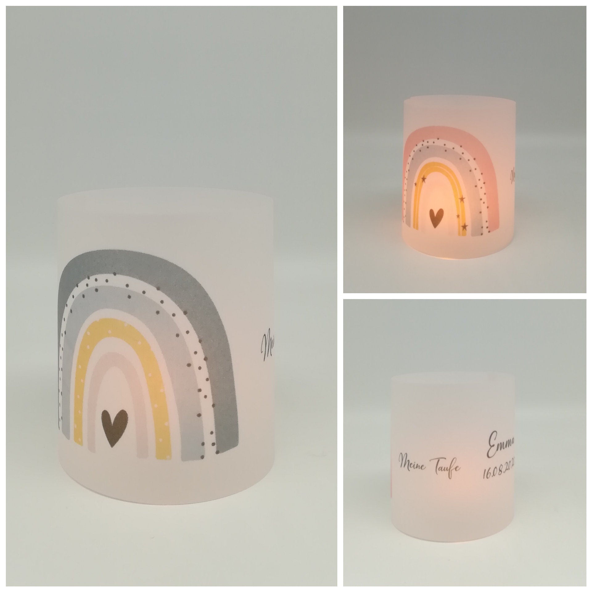 Set 2x Lichthülle, Windlicht zur Taufe "Regenbogen" / personalisiert mit Name und Datum / Spruch