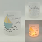 Set 2x Lichthülle, Windlicht zur Taufe "Boot" / personalisiert mit Name und Datum / Spruch