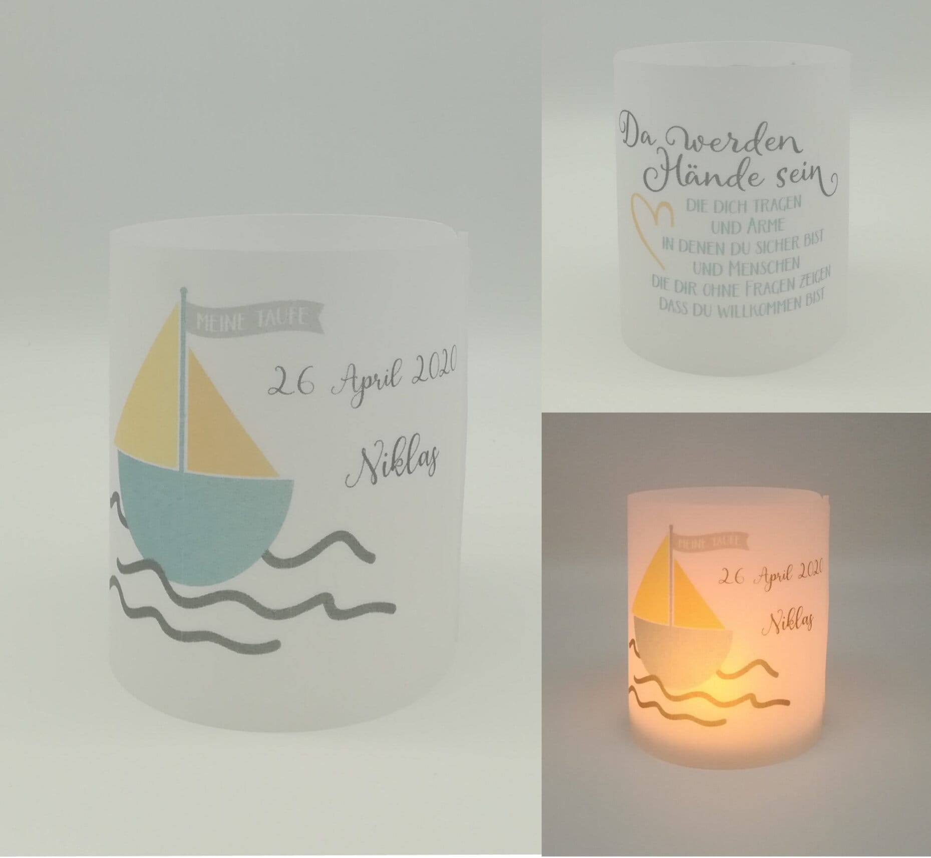 Set 2x Lichthülle, Windlicht zur Taufe "Boot" / personalisiert mit Name und Datum / Spruch
