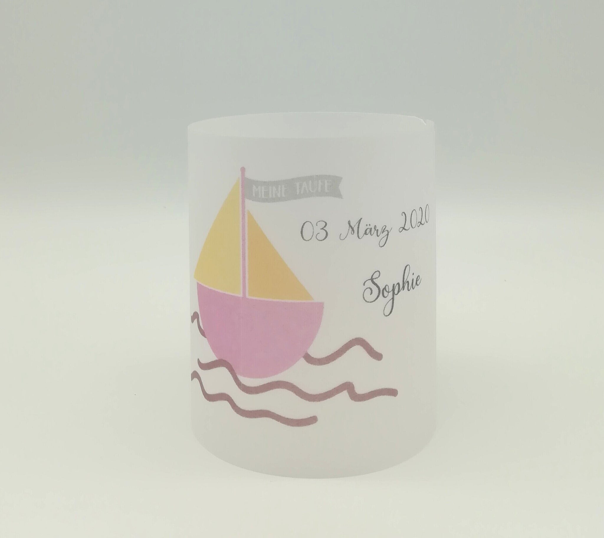 Set 2x Lichthülle, Windlicht zur Taufe "Boot" / personalisiert mit Name und Datum / Spruch
