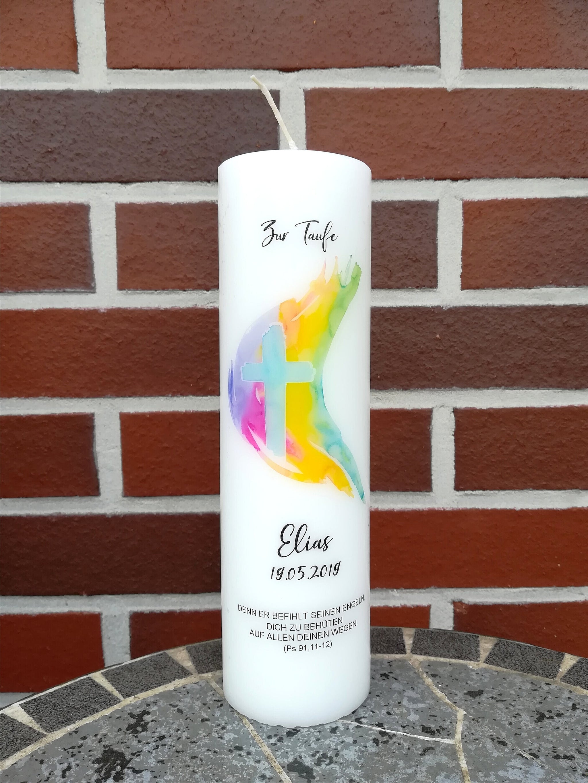 Taufkerze personalisiert mit Namen Datum und Taufspruch "Kreuz Regenbogen", Junge/ Mädchen