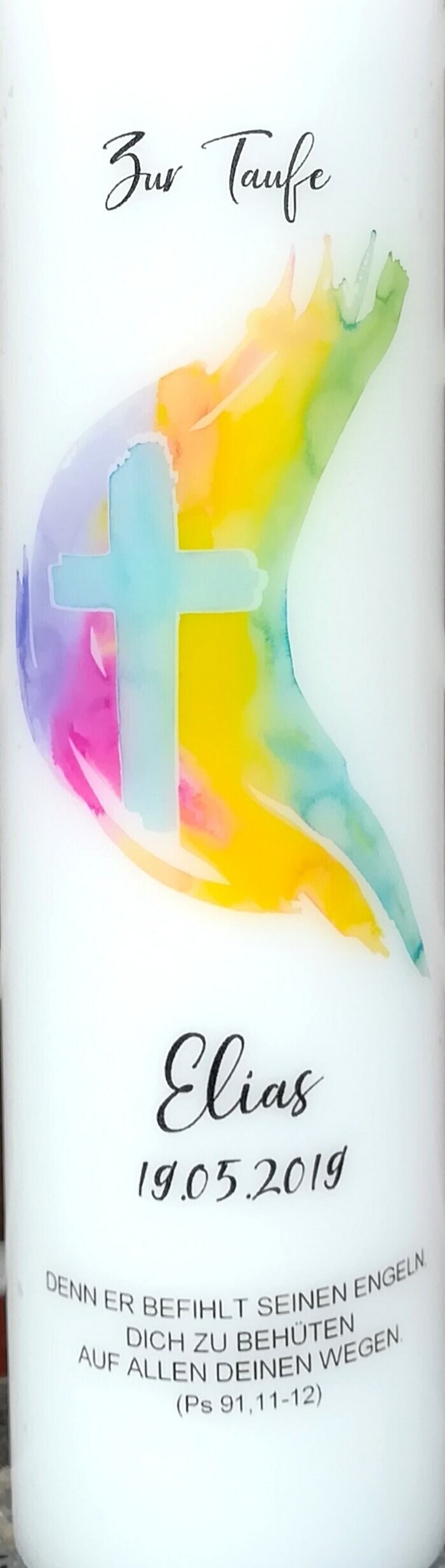 Taufkerze personalisiert mit Namen Datum und Taufspruch "Kreuz Regenbogen", Junge/ Mädchen
