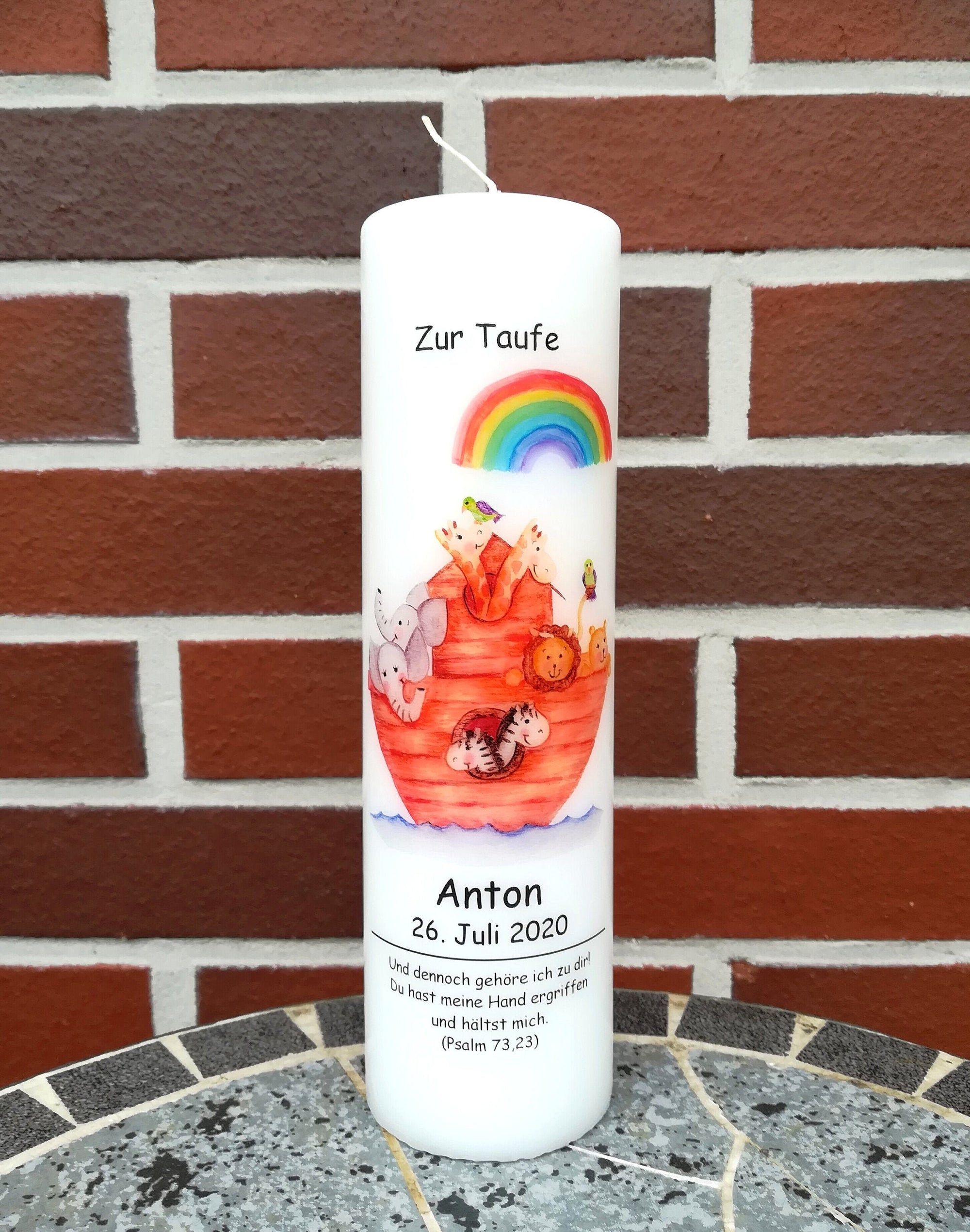 Taufkerze personalisiert mit Namen Datum und Taufspruch "Arche", Junge/ Mädchen/ Regenbogen