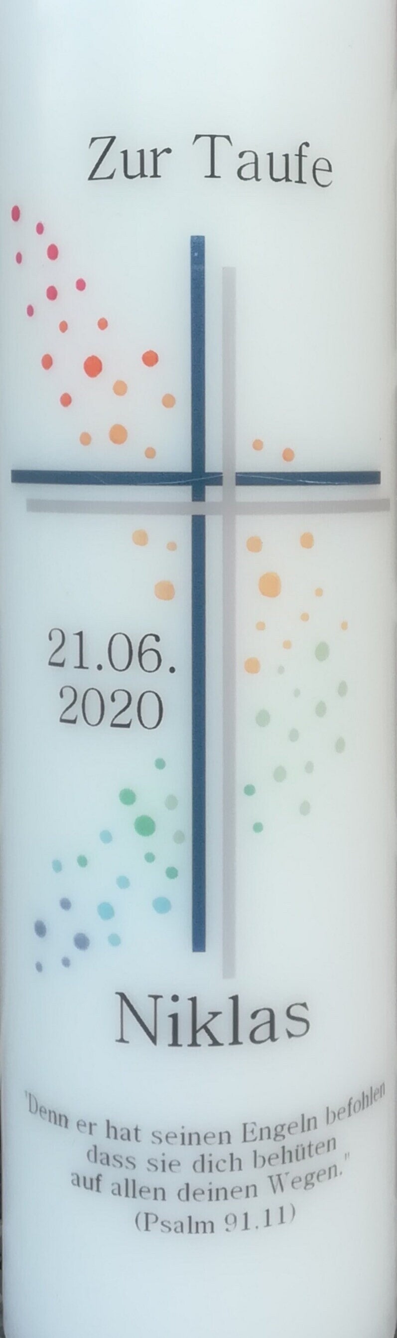 Taufkerze personalisiert mit Namen Datum und Taufspruch "Kreuz blau/ Punkte", Junge/ Mädchen