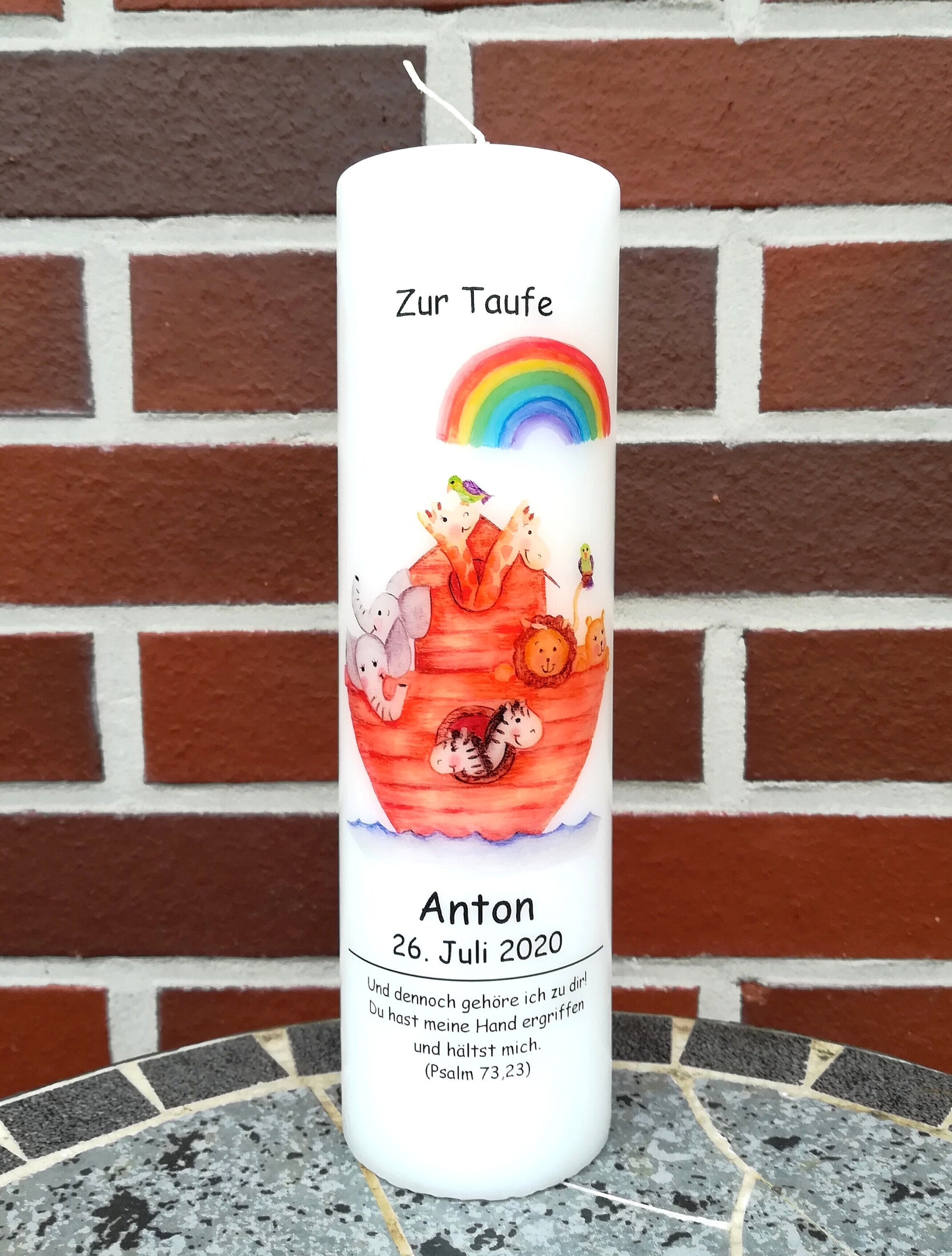 Taufkerze personalisiert mit Namen Datum und Taufspruch "Arche", Junge/ Mädchen/ Regenbogen
