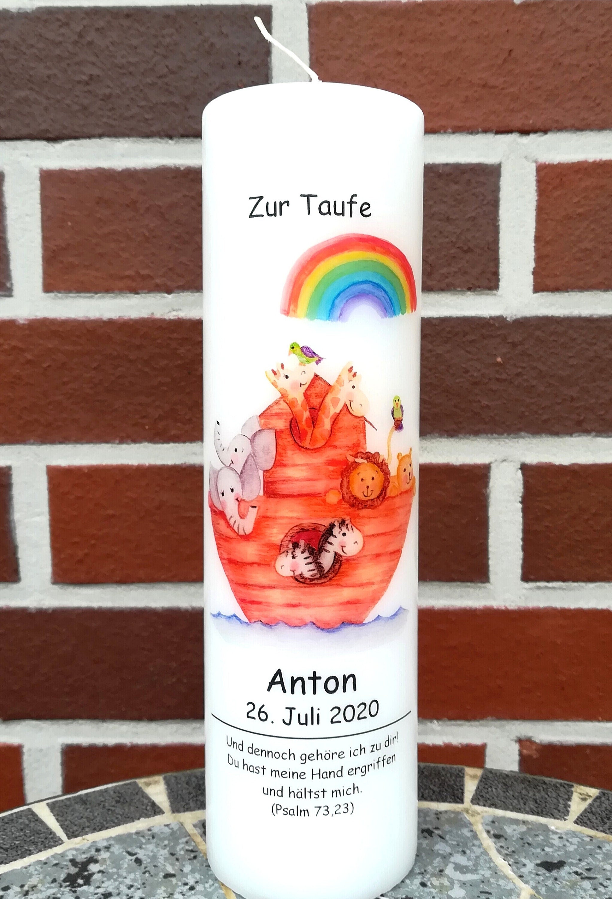 Taufkerze personalisiert mit Namen Datum und Taufspruch "Arche", Junge/ Mädchen/ Regenbogen