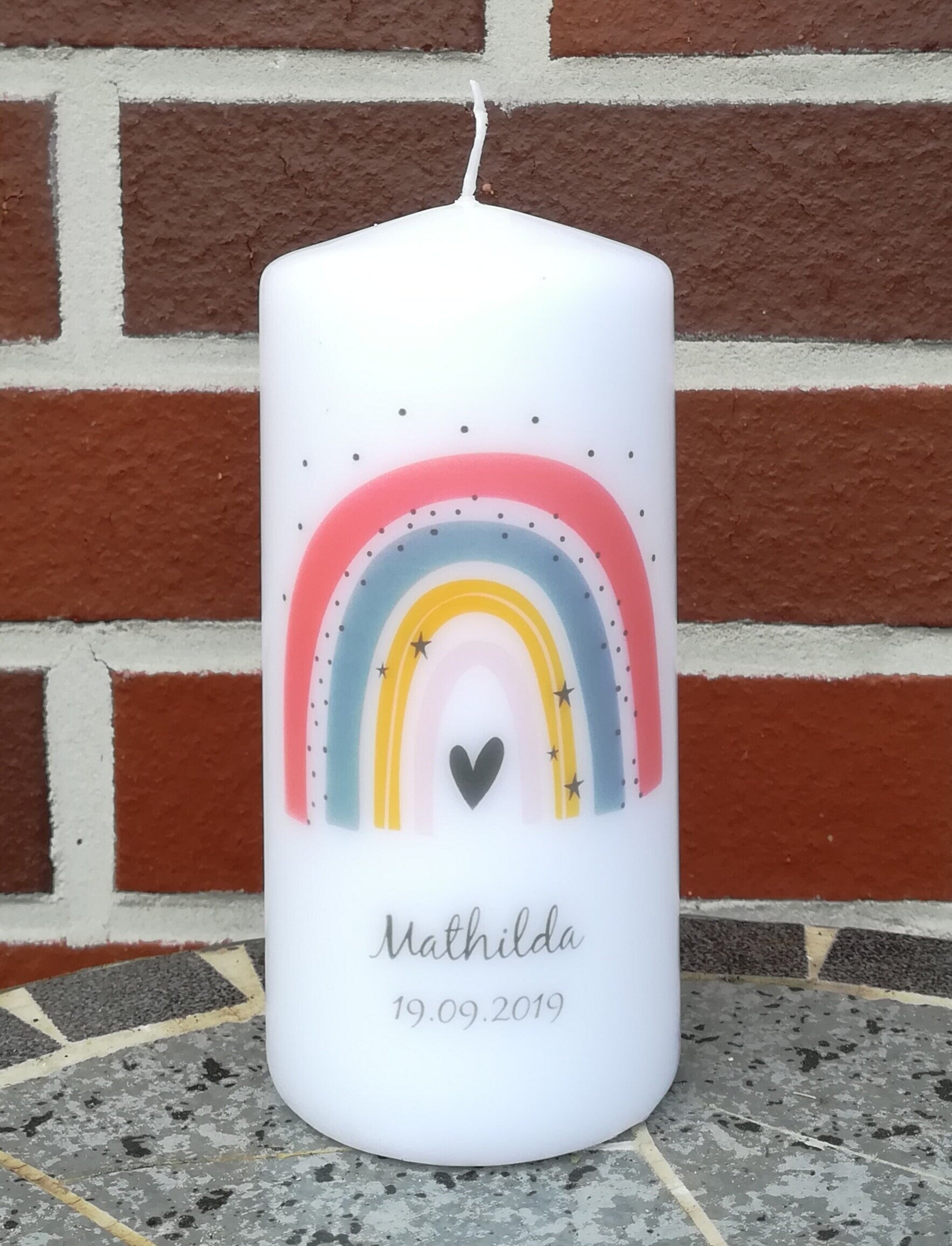 Geburtstagskerze/ Geburtskerze personalisiert mit Namen und Geburtsdatum " Regenbogen rosa" / Geburt/ Taufe/ Geburtstag