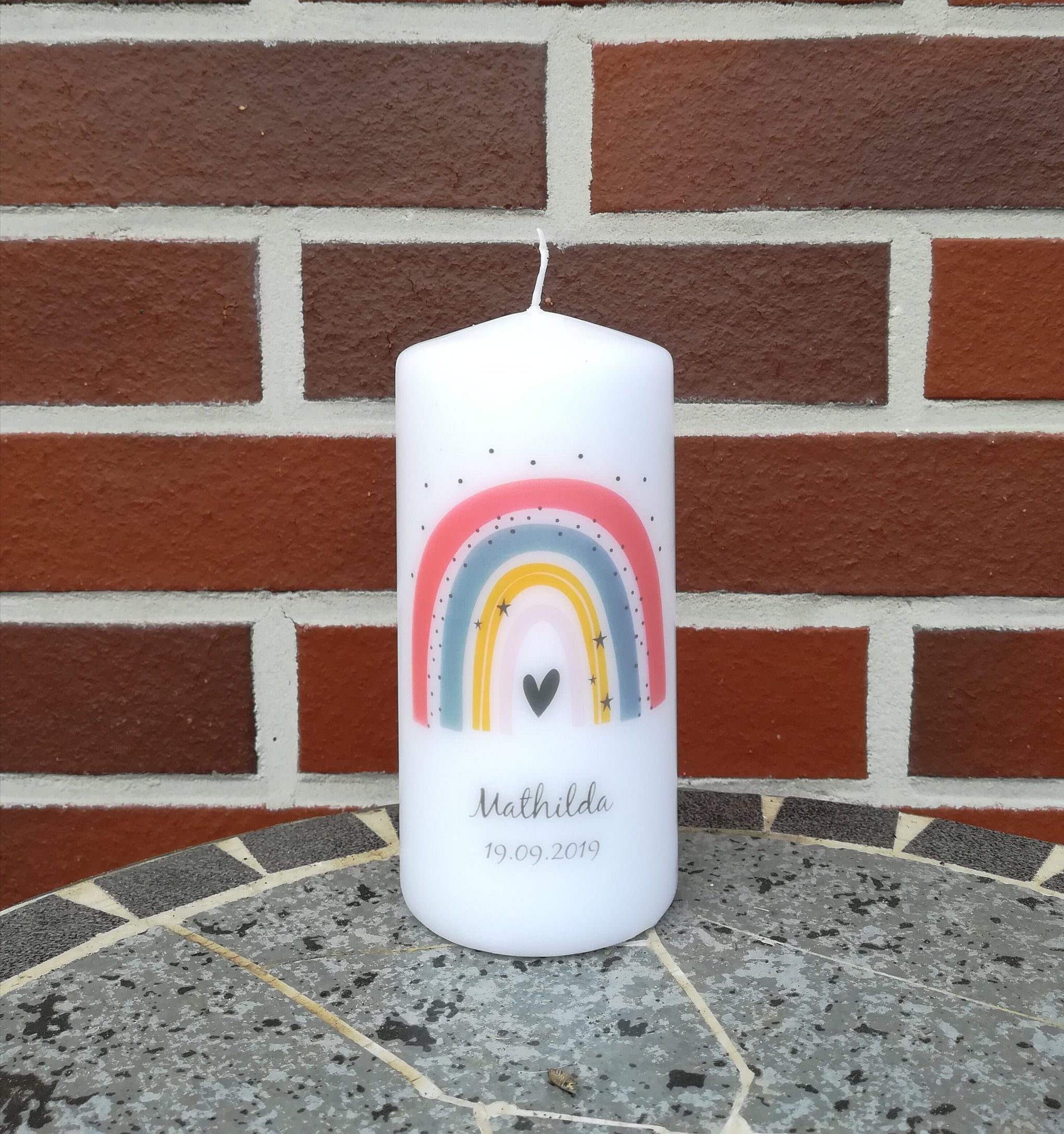 Geburtstagskerze/ Geburtskerze personalisiert mit Namen und Geburtsdatum " Regenbogen rosa" / Geburt/ Taufe/ Geburtstag