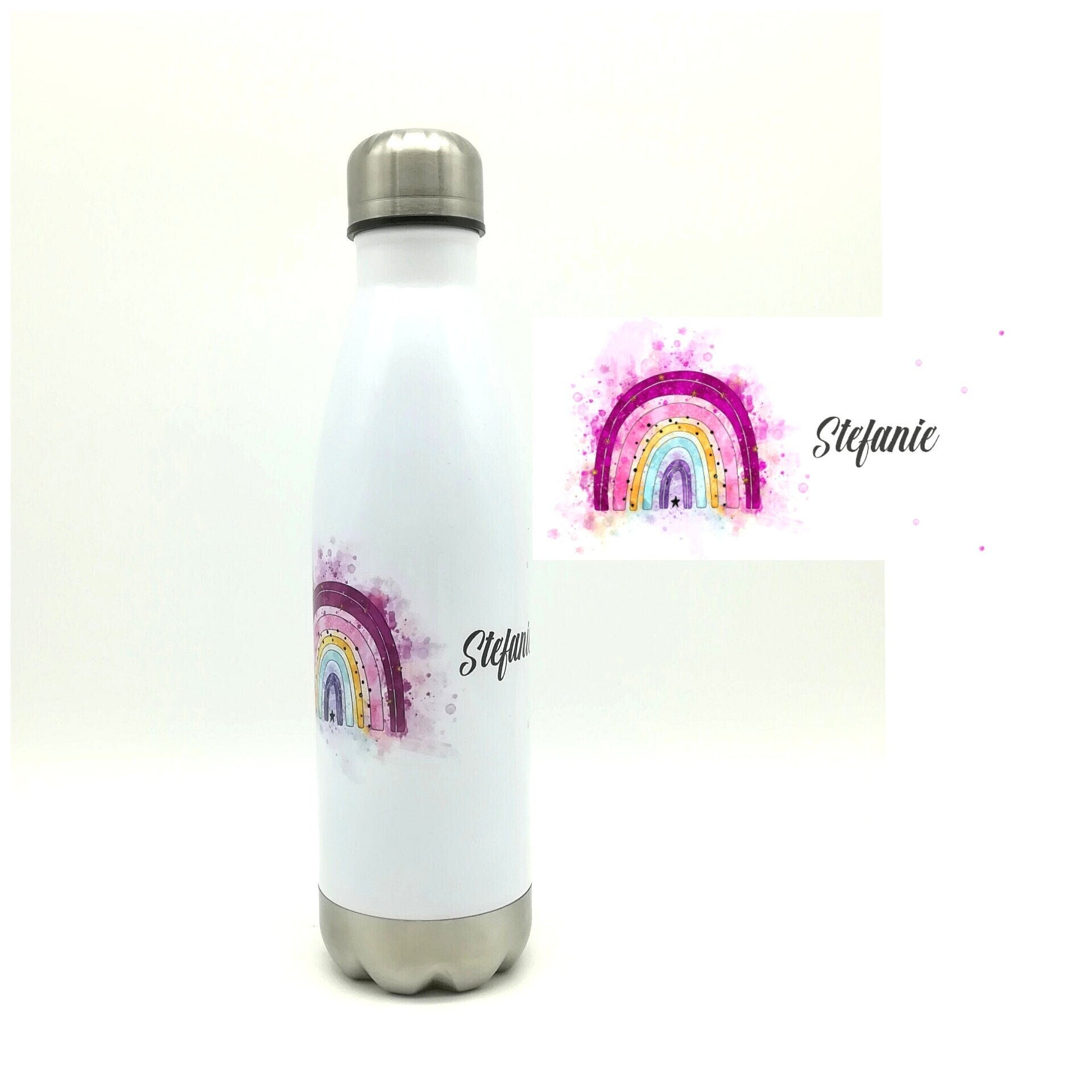 Thermosflasche mit Namen "Regenbogen pink" / Edelstahl Trinkflasche für Kinder und Erwachsene/ Wasserflasche/ 500ml/350ml