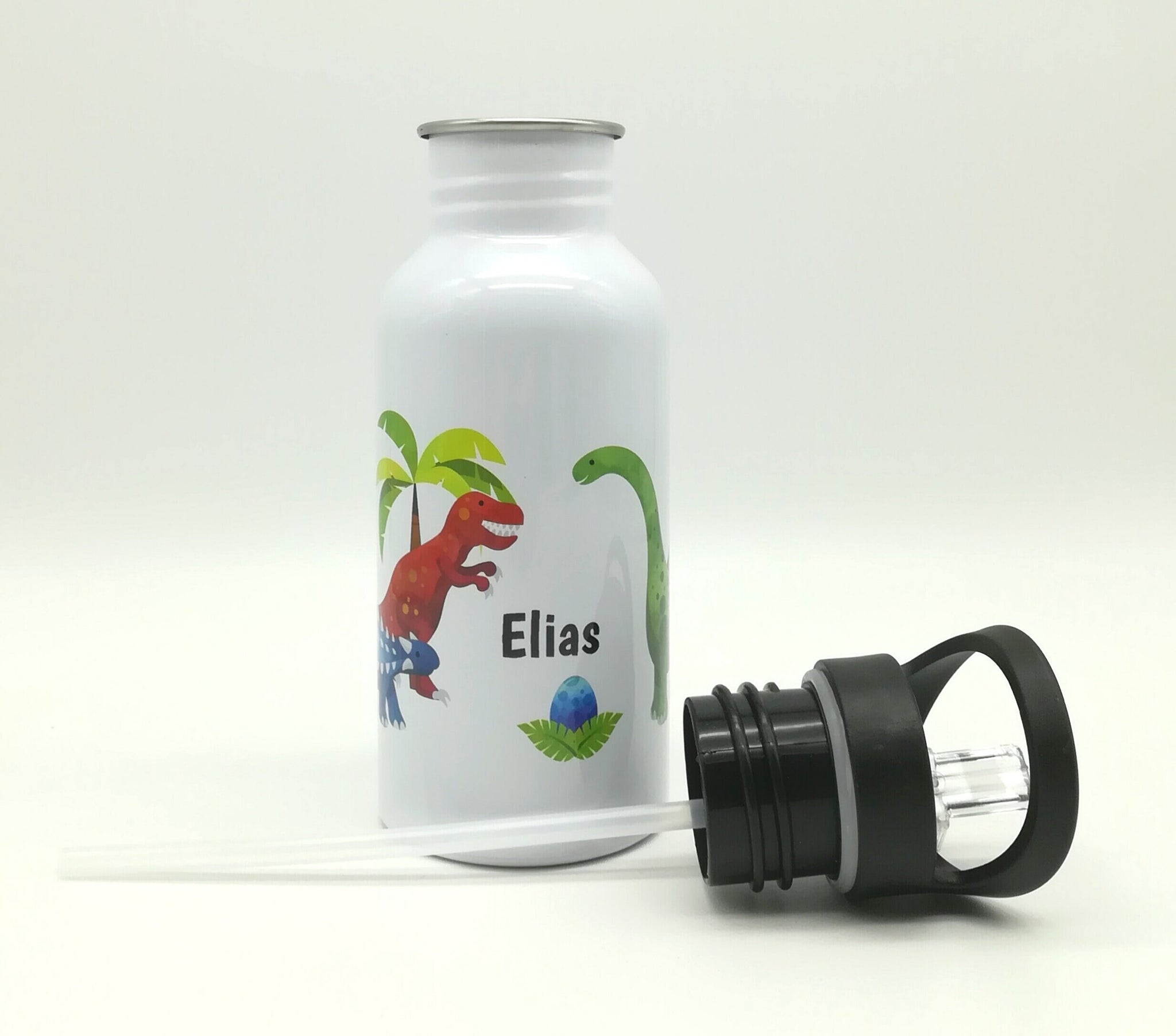 Trinkflasche mit Namen "Dino T-Rex"/ Kindergarten/ Schule/ Sport/ 500ml mit Strohhalm