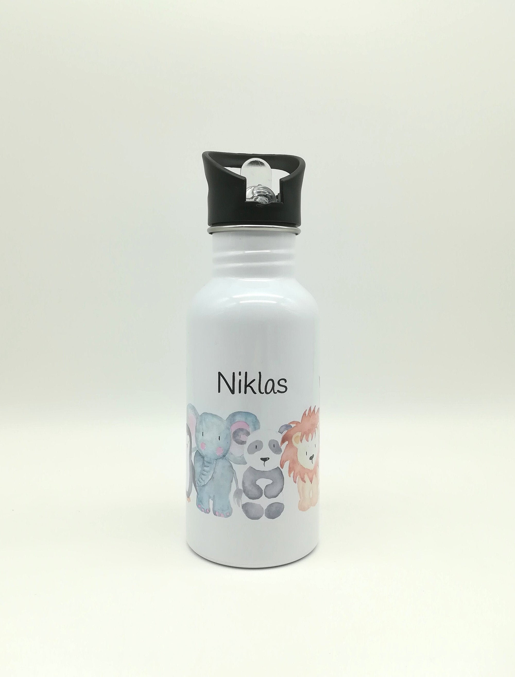 Trinkflasche mit Namen "Zootiere"/ Kindergarten/ Schule/ Sport/ 500ml mit Strohhalm