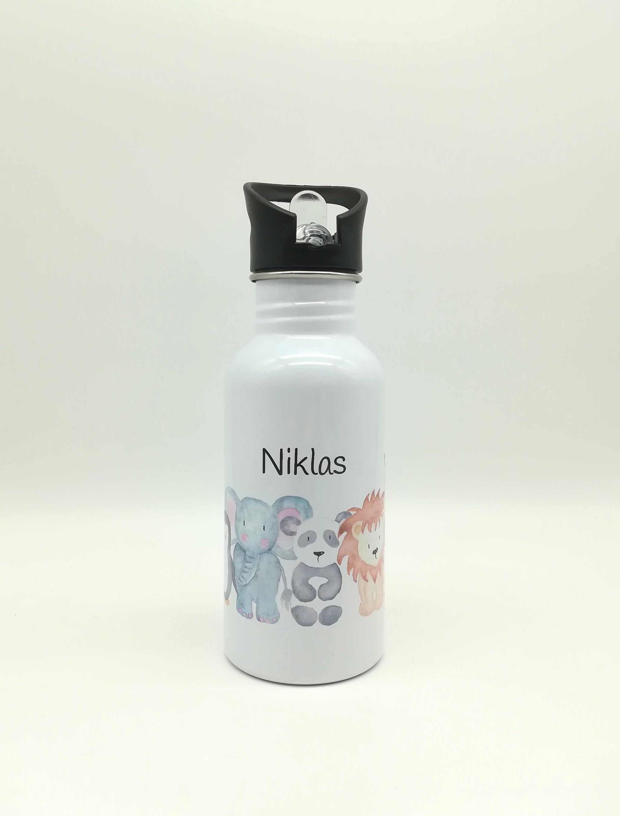 Trinkflasche mit Namen "Zootiere"/ Kindergarten/ Schule/ Sport/ 500ml mit Strohhalm