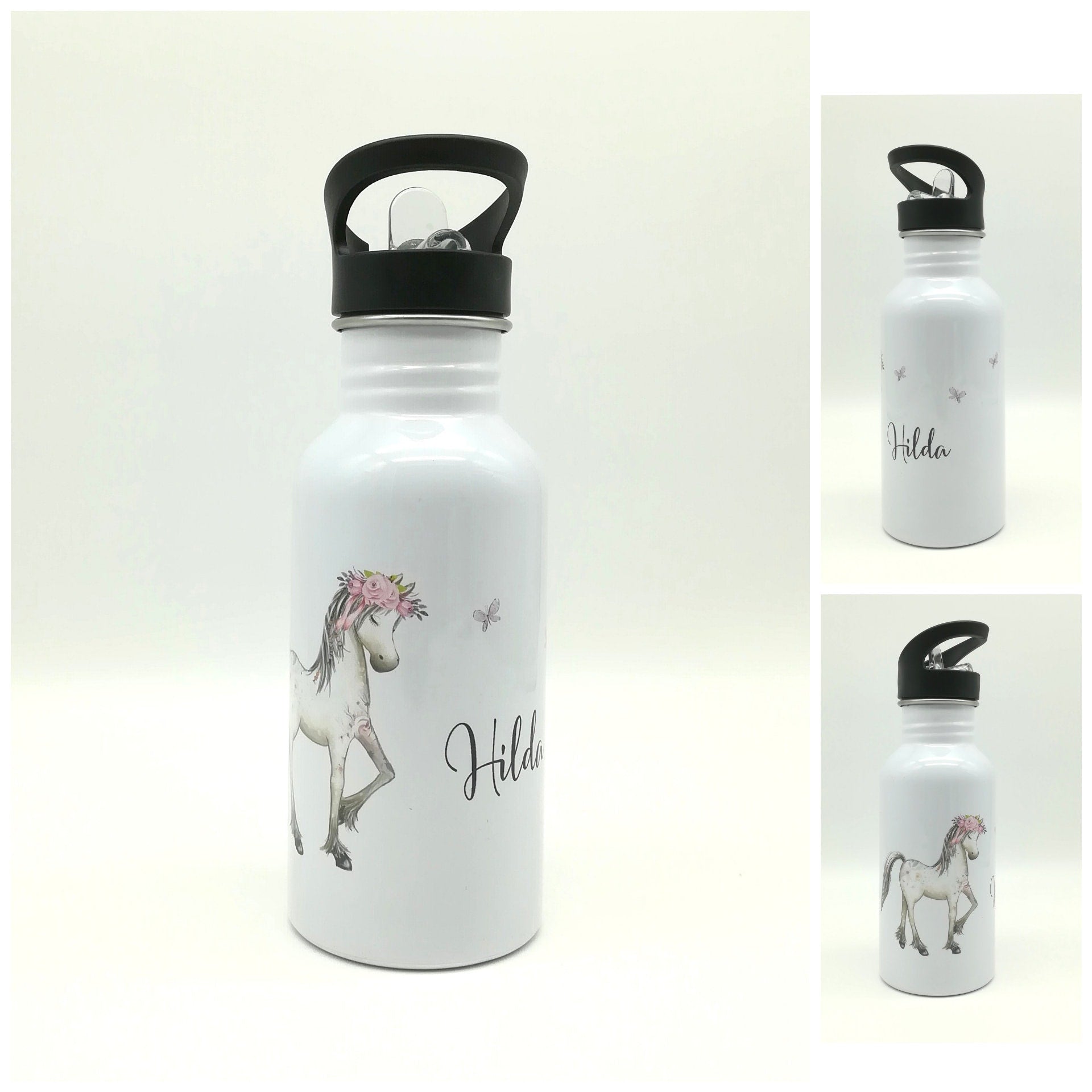 Trinkflasche mit Namen "Pferd"/ Kindergarten/ Schule/ Sport/ 500ml mit Strohhalm