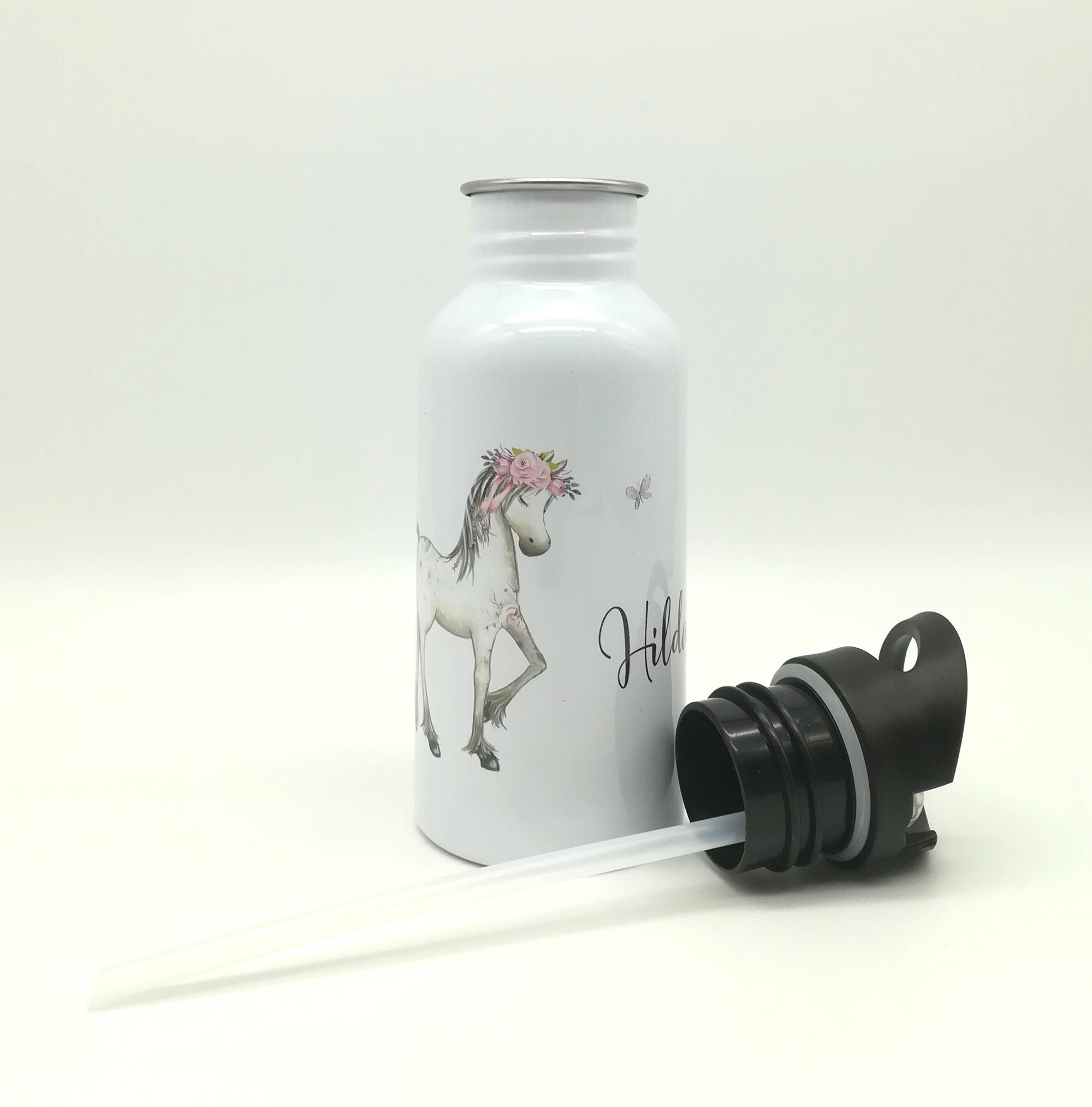 Trinkflasche mit Namen "Pferd"/ Kindergarten/ Schule/ Sport/ 500ml mit Strohhalm