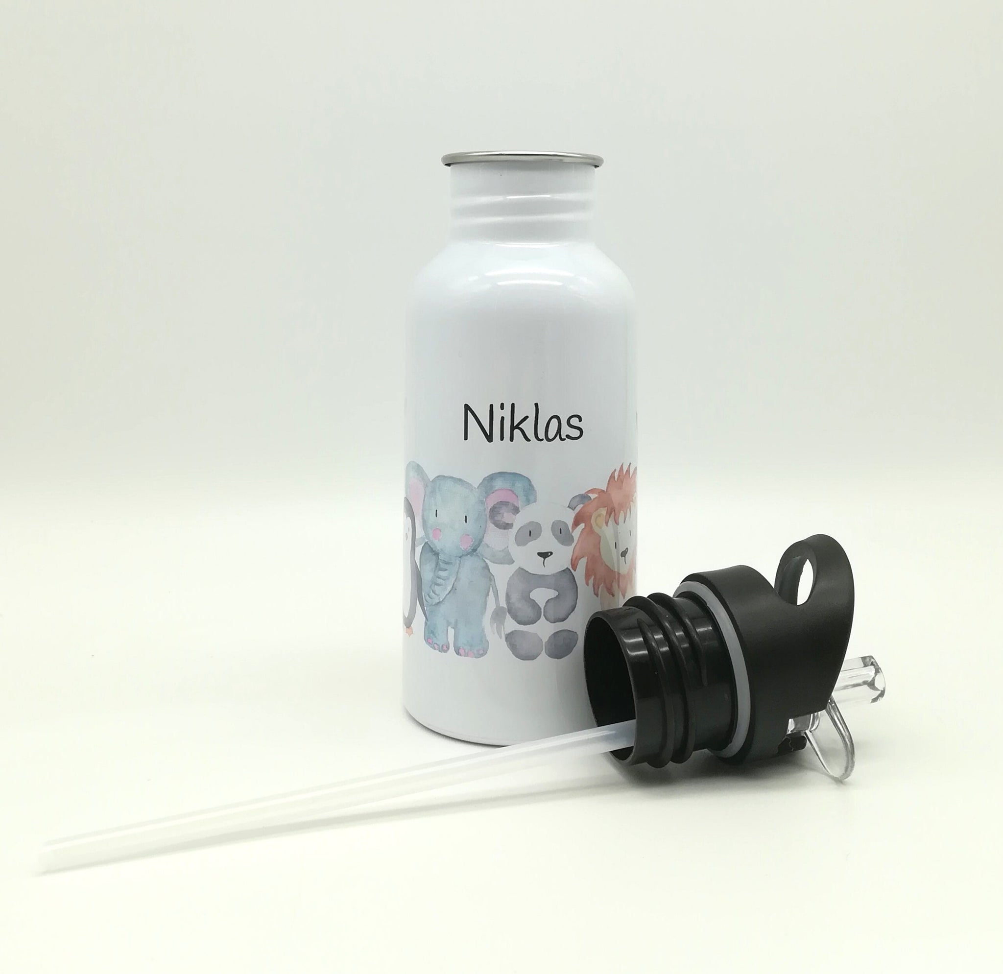Trinkflasche mit Namen "Zootiere"/ Kindergarten/ Schule/ Sport/ 500ml mit Strohhalm