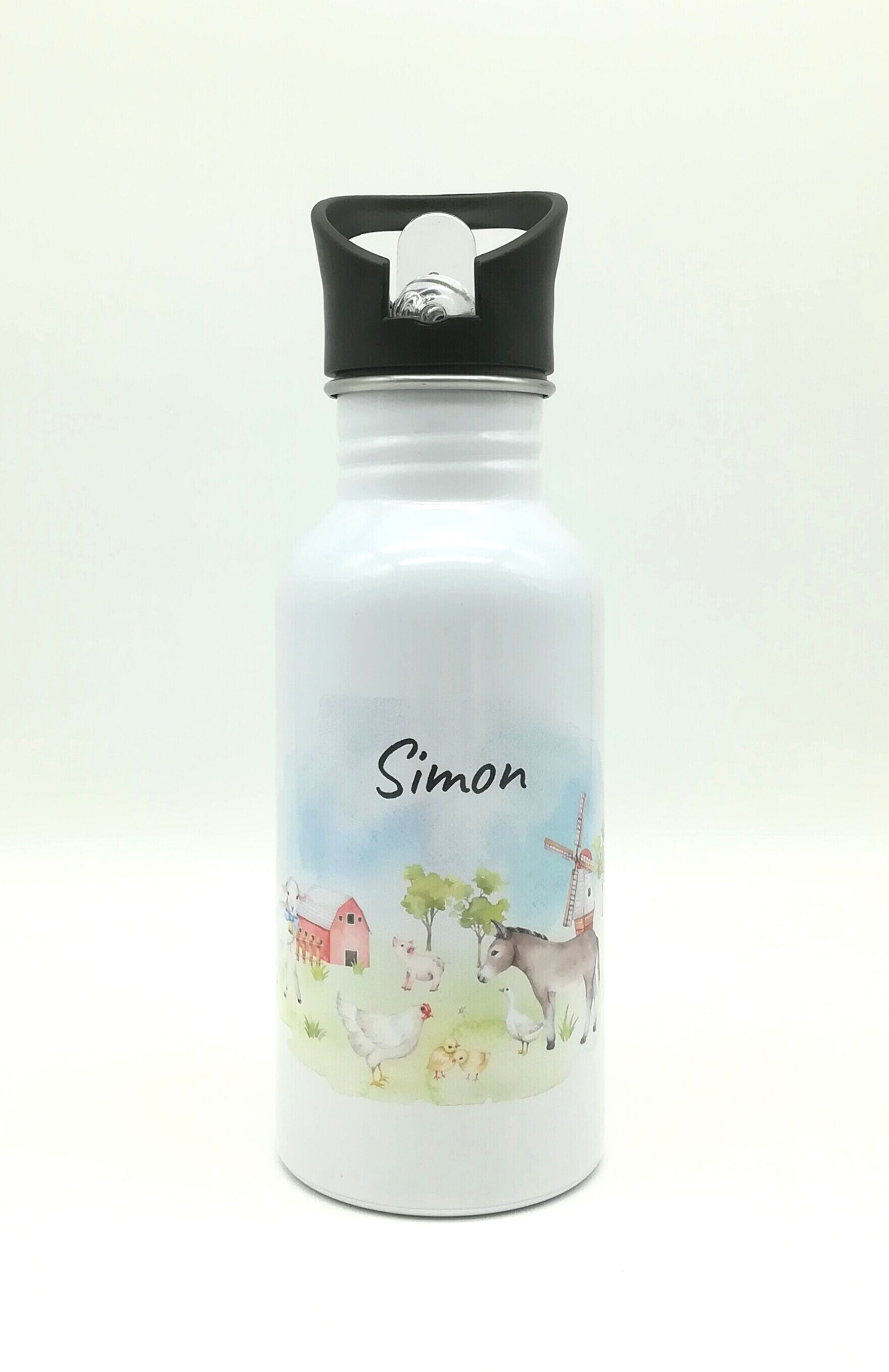 Trinkflasche mit Namen "Farmtiere"/ Kindergarten/ Schule/ Sport/ 500ml mit Strohhalm