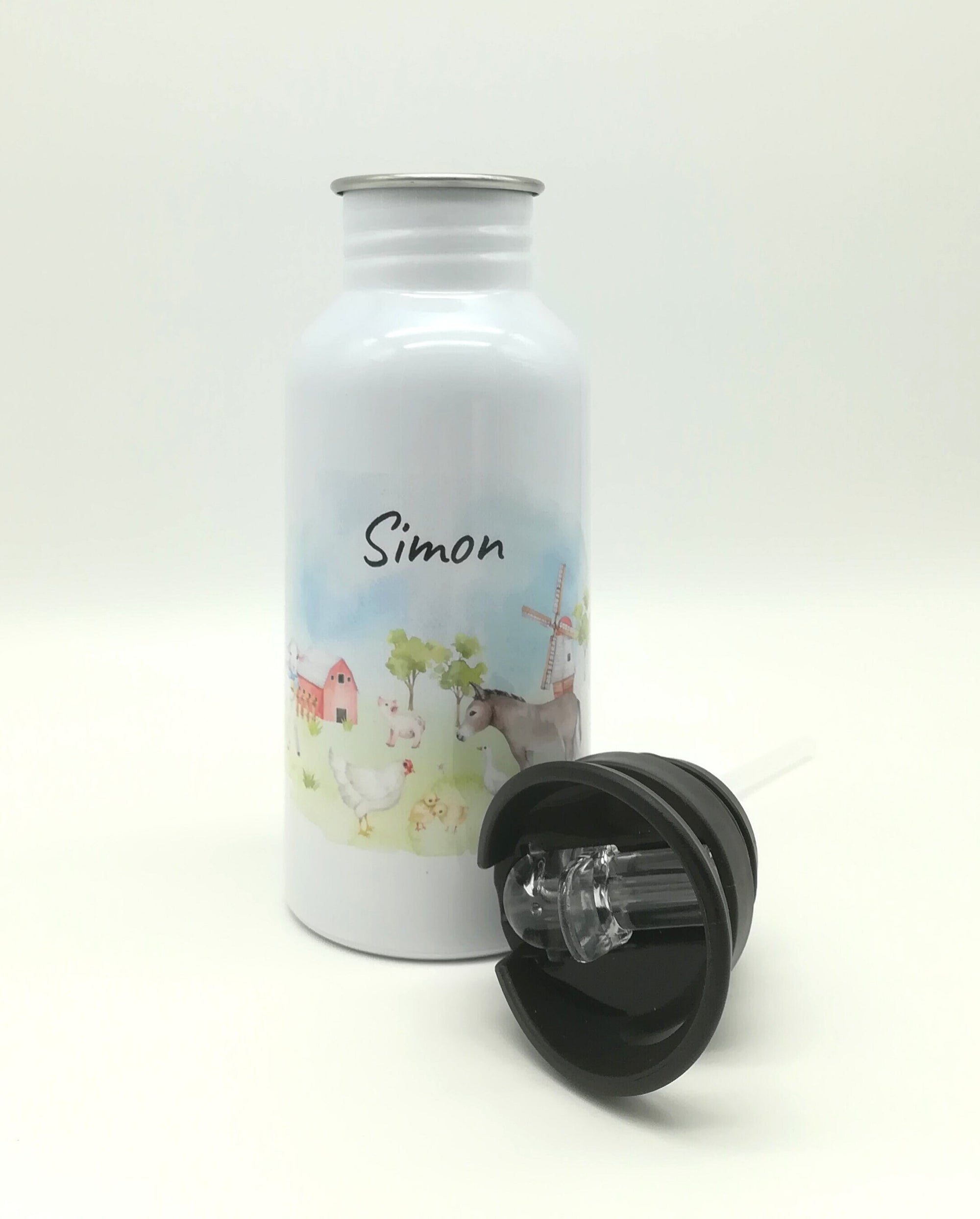 Trinkflasche mit Namen "Farmtiere"/ Kindergarten/ Schule/ Sport/ 500ml mit Strohhalm