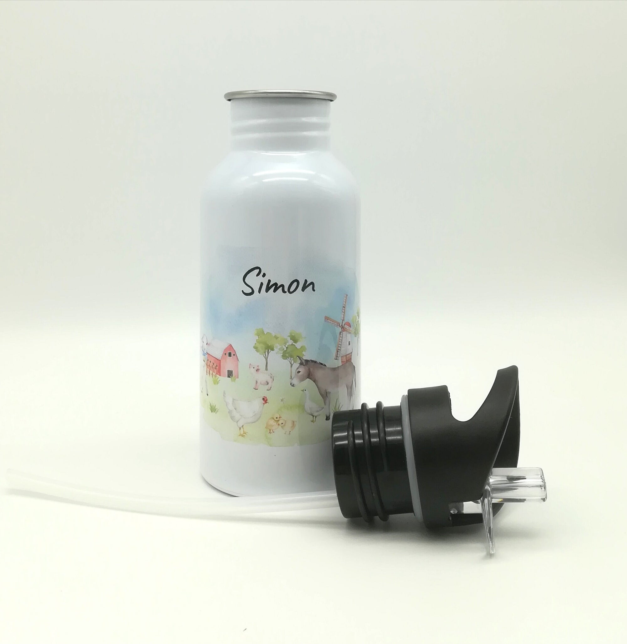 Trinkflasche mit Namen "Farmtiere"/ Kindergarten/ Schule/ Sport/ 500ml mit Strohhalm