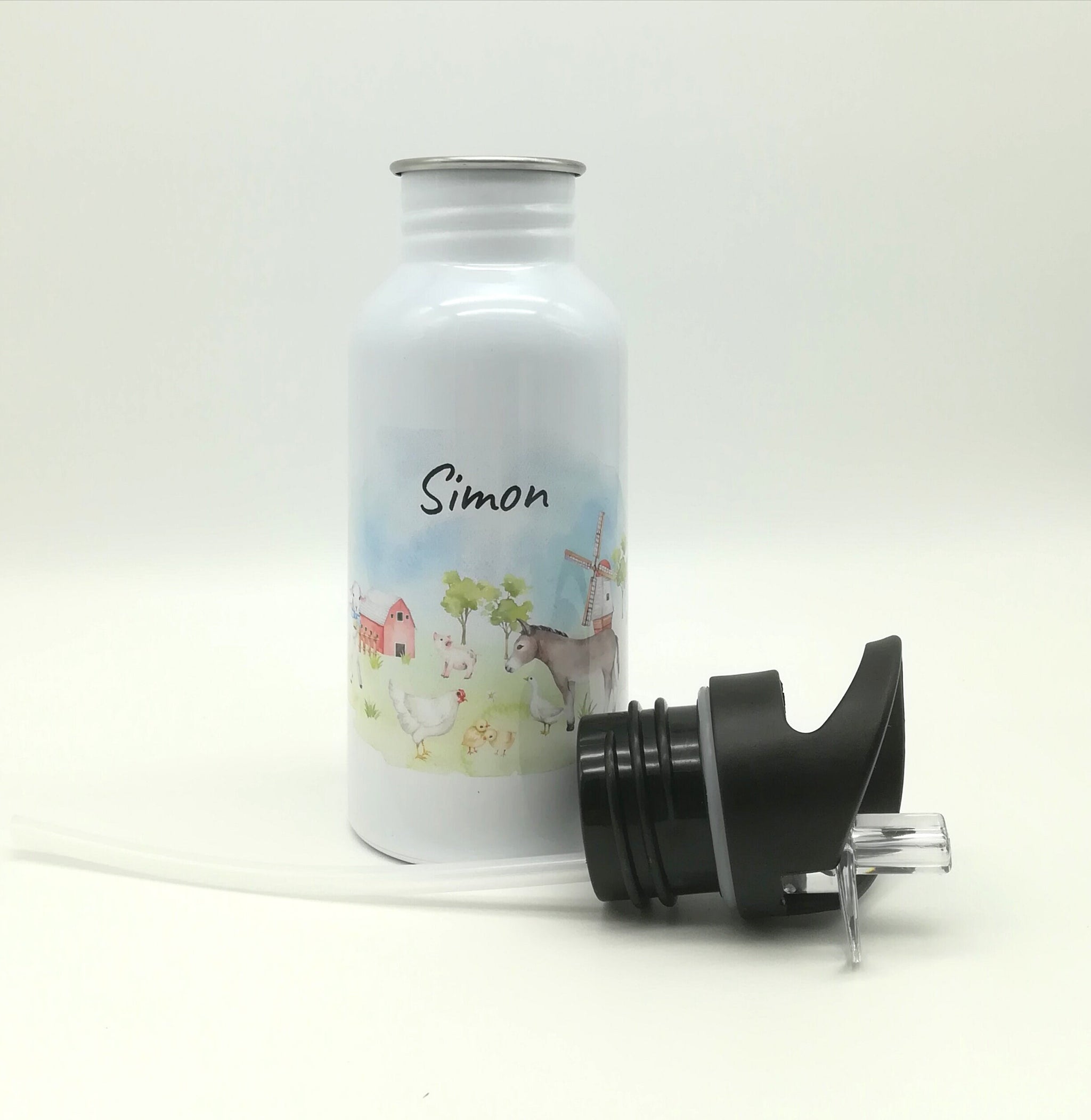 Trinkflasche mit Namen "Farmtiere"/ Kindergarten/ Schule/ Sport/ 500ml mit Strohhalm