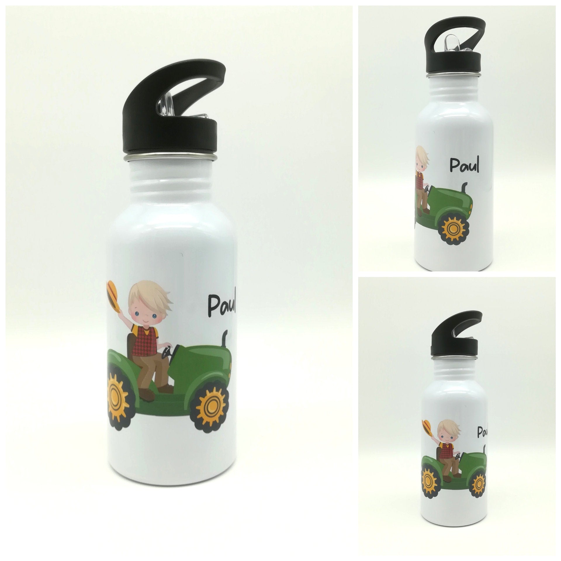 Trinkflasche mit Namen "Traktor"/ Kindergarten/ Schule/ Sport/ 500ml mit Strohhalm