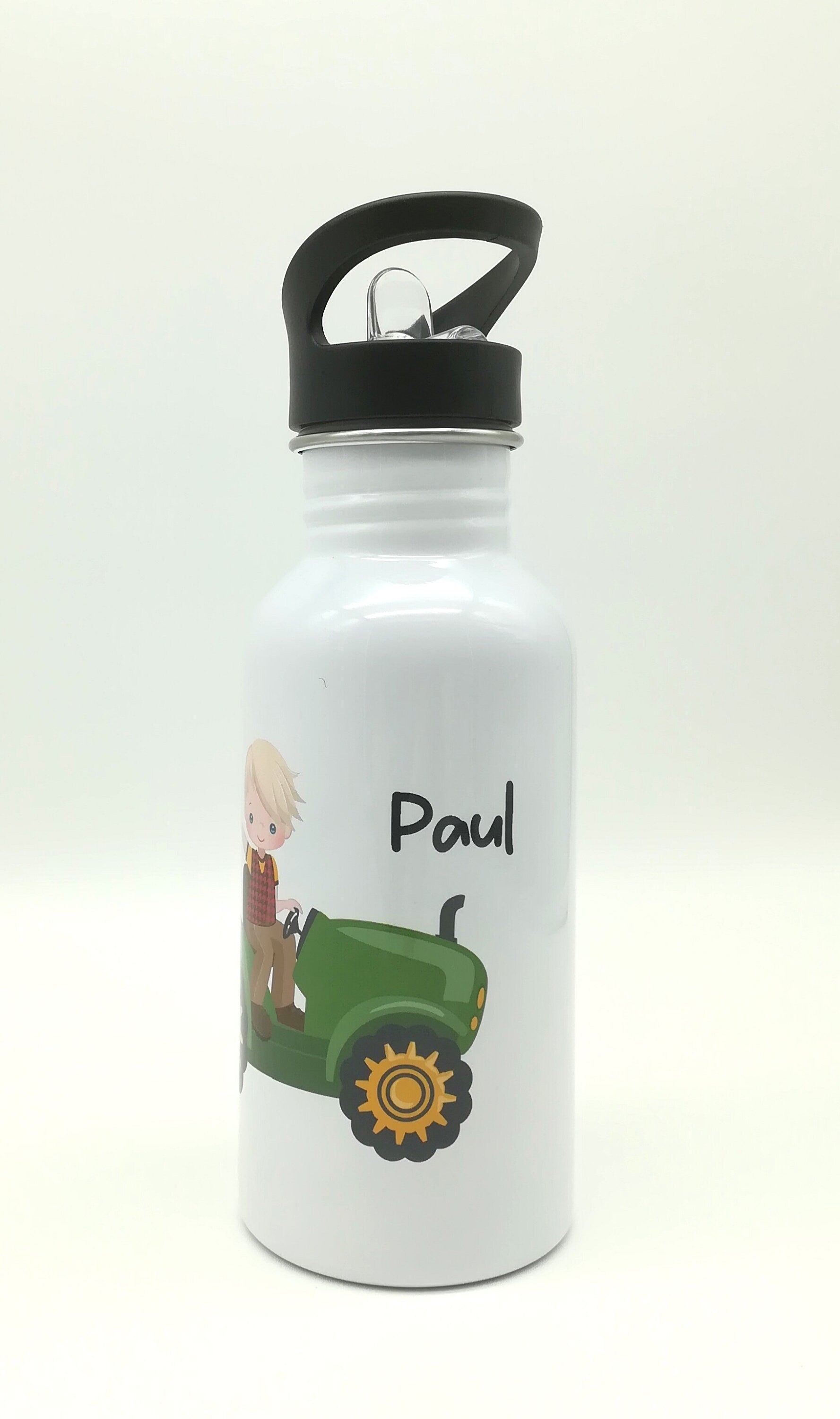 Trinkflasche mit Namen "Traktor"/ Kindergarten/ Schule/ Sport/ 500ml mit Strohhalm