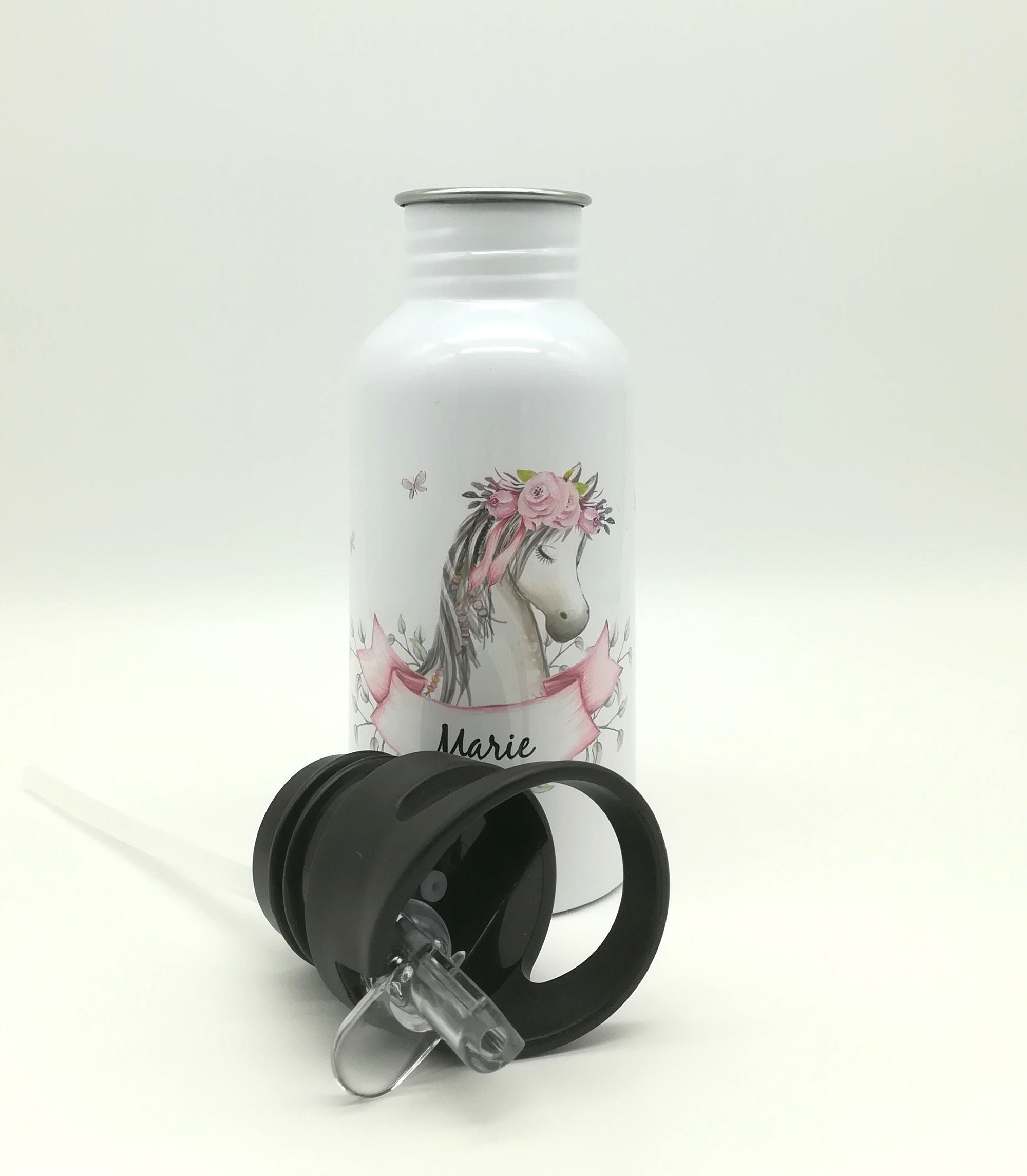 Trinkflasche mit Namen "Pferd"/ Kindergarten/ Schule/ Sport/ 500ml mit Strohhalm