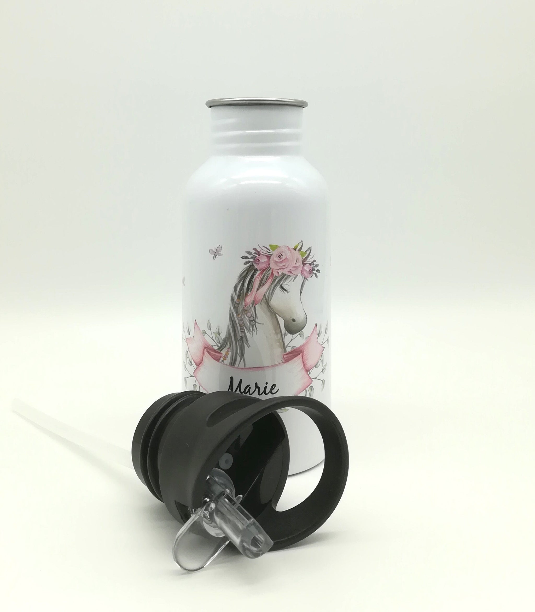 Trinkflasche mit Namen "Pferd"/ Kindergarten/ Schule/ Sport/ 500ml mit Strohhalm