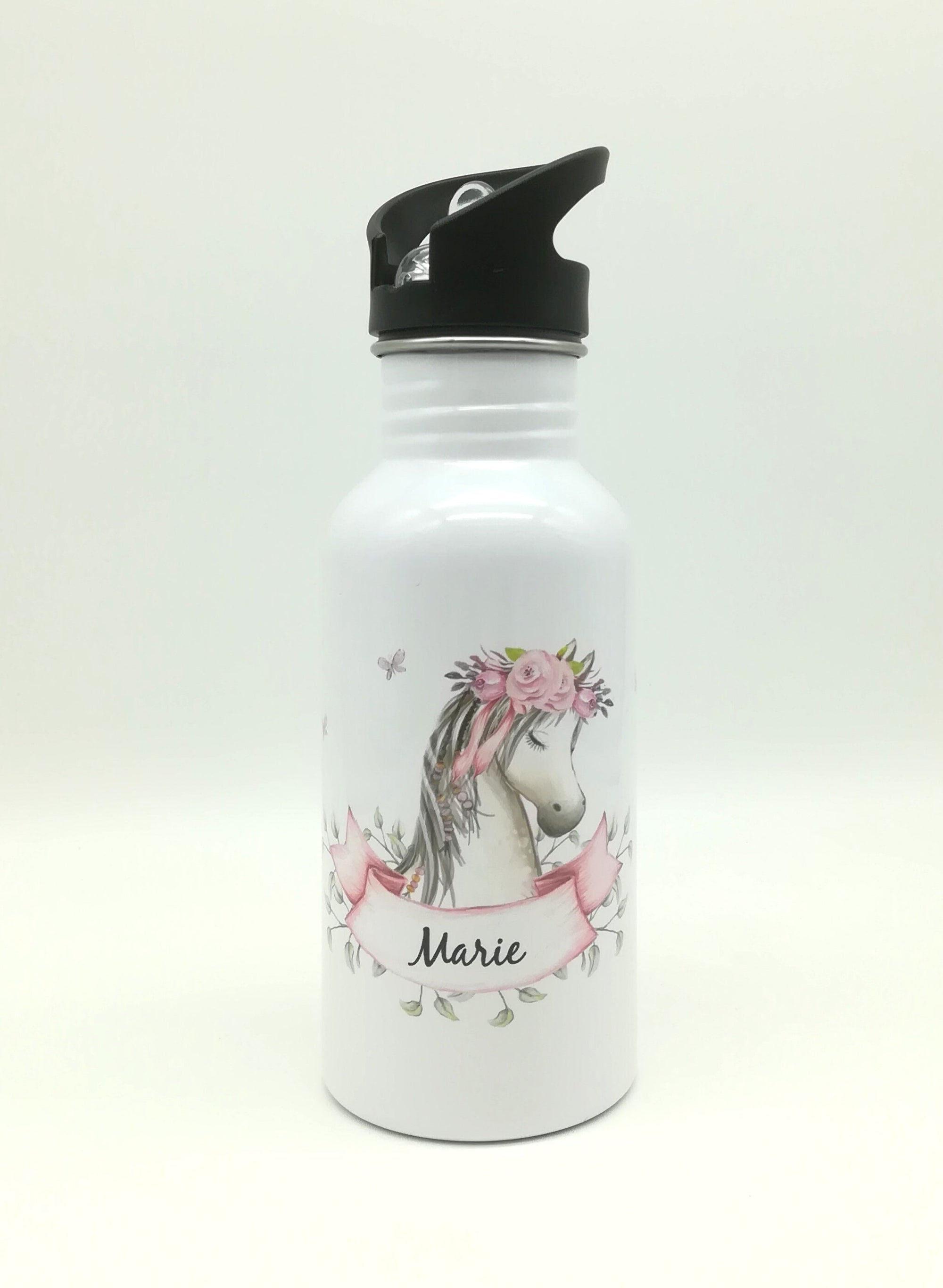 Trinkflasche mit Namen "Pferd"/ Kindergarten/ Schule/ Sport/ 500ml mit Strohhalm