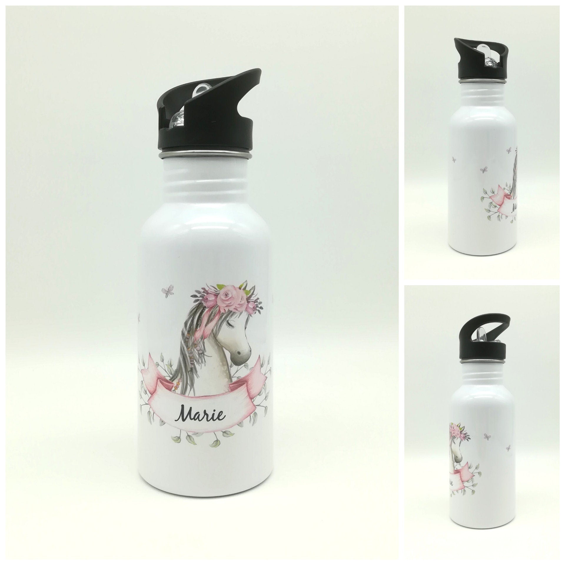 Trinkflasche mit Namen "Pferd"/ Kindergarten/ Schule/ Sport/ 500ml mit Strohhalm