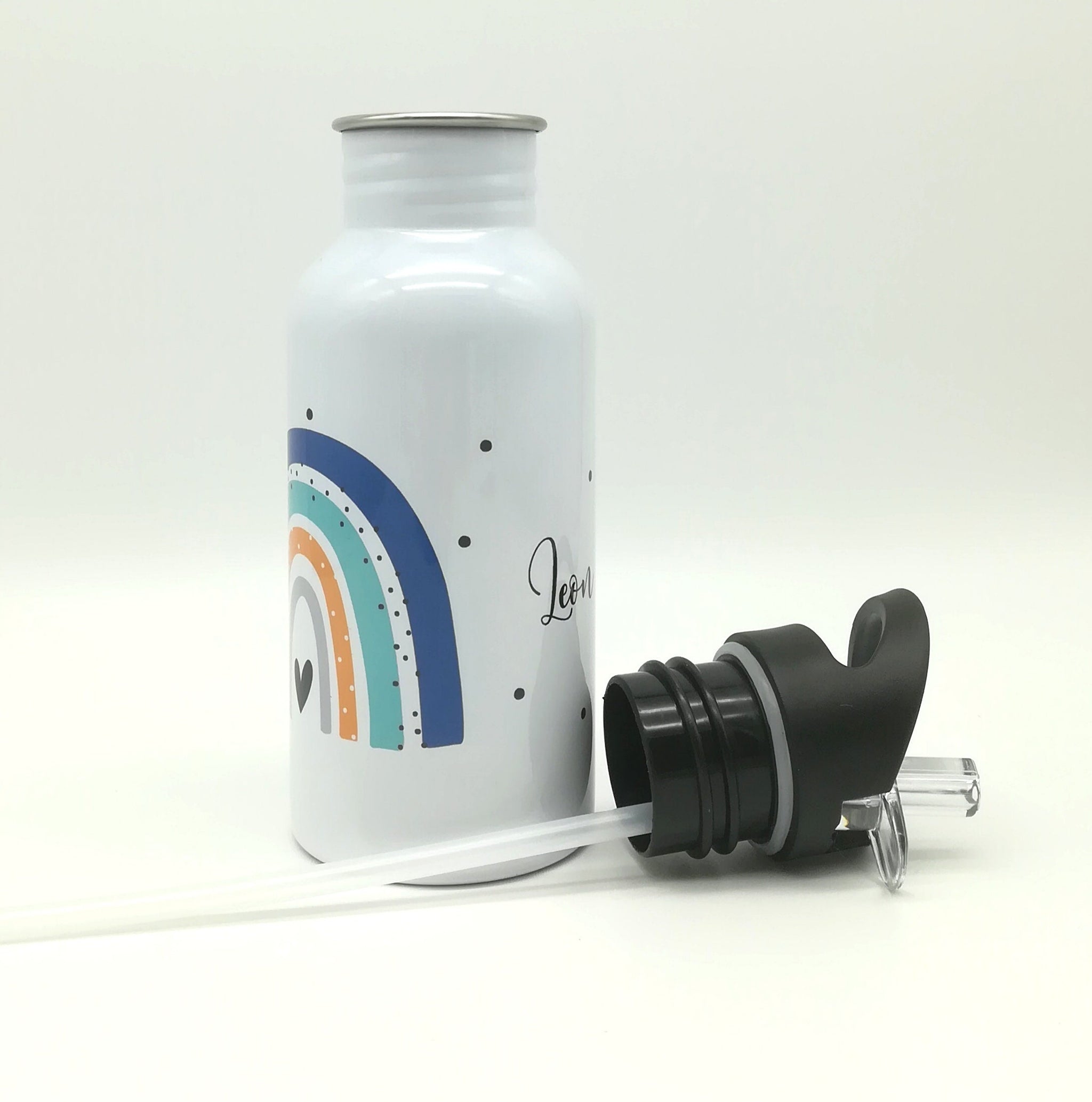 Trinkflasche mit Namen "Regenbogen blau/mint"/ Kindergarten/ Schule/ Sport/ 500ml mit Strohhalm, Geschenk zur Einschulung, Flasche Strohhalm