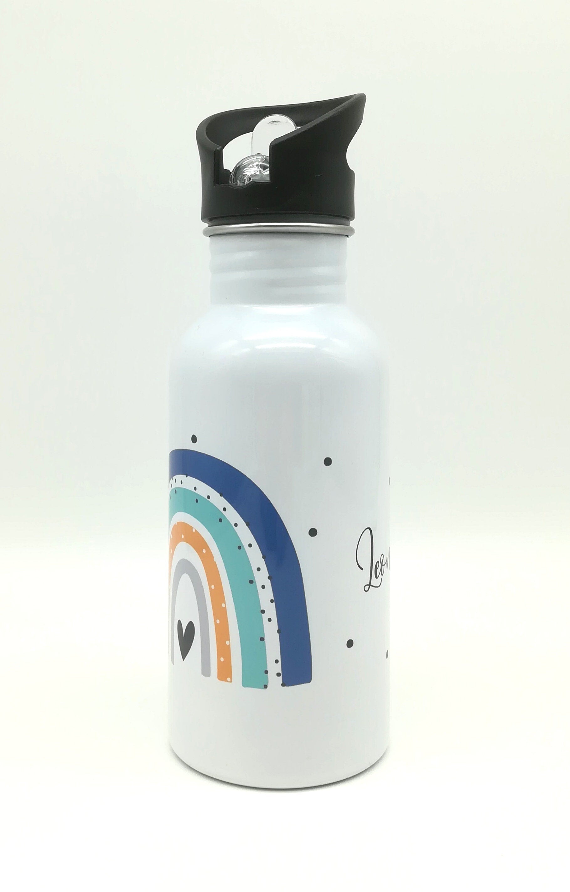 Trinkflasche mit Namen "Regenbogen blau/mint"/ Kindergarten/ Schule/ Sport/ 500ml mit Strohhalm, Geschenk zur Einschulung, Flasche Strohhalm